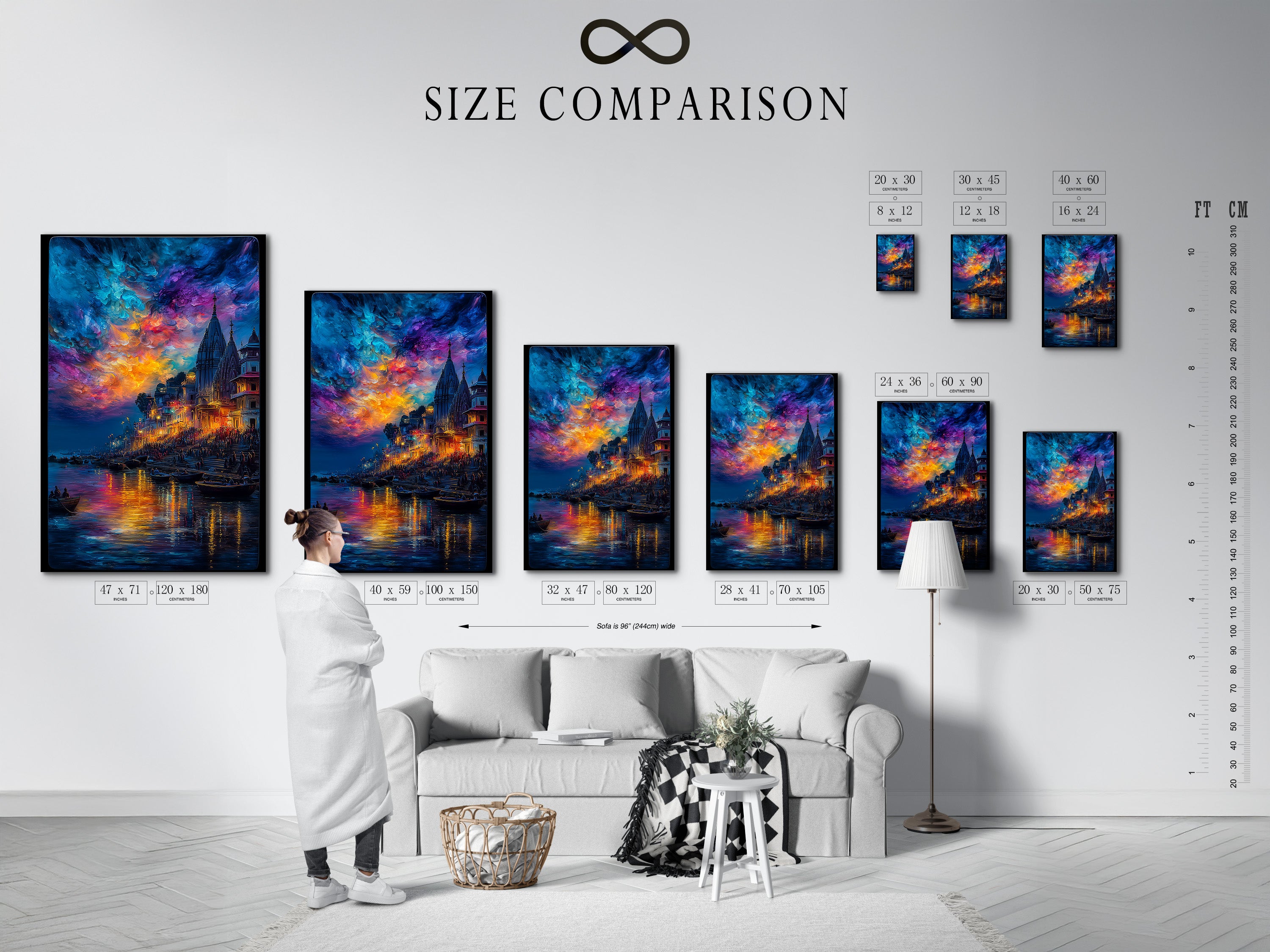 Size comparison chart showcasing the Varanasi River Ghats artwork in an interior setting. See how this spiritual India wall art fits in your home. Perfect for meditation decor or as a statement piece in your living room or yoga studio.