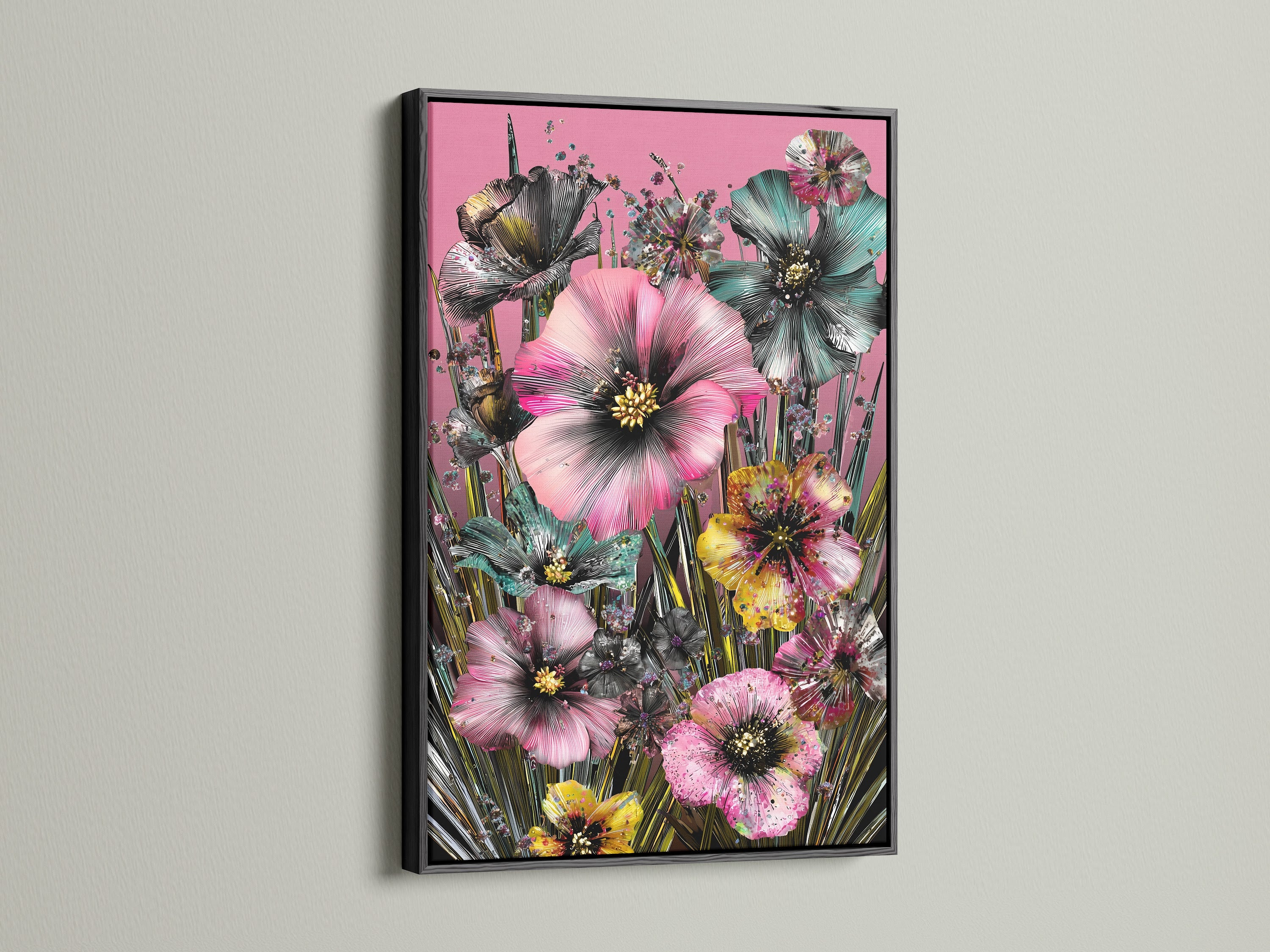 Botanical canvas print with a black frame. Features colorful flowers and tropical decor. This hibiscus canvas is perfect for bedroom wall art. Its vibrant design complements nurseries studios and boutiques.