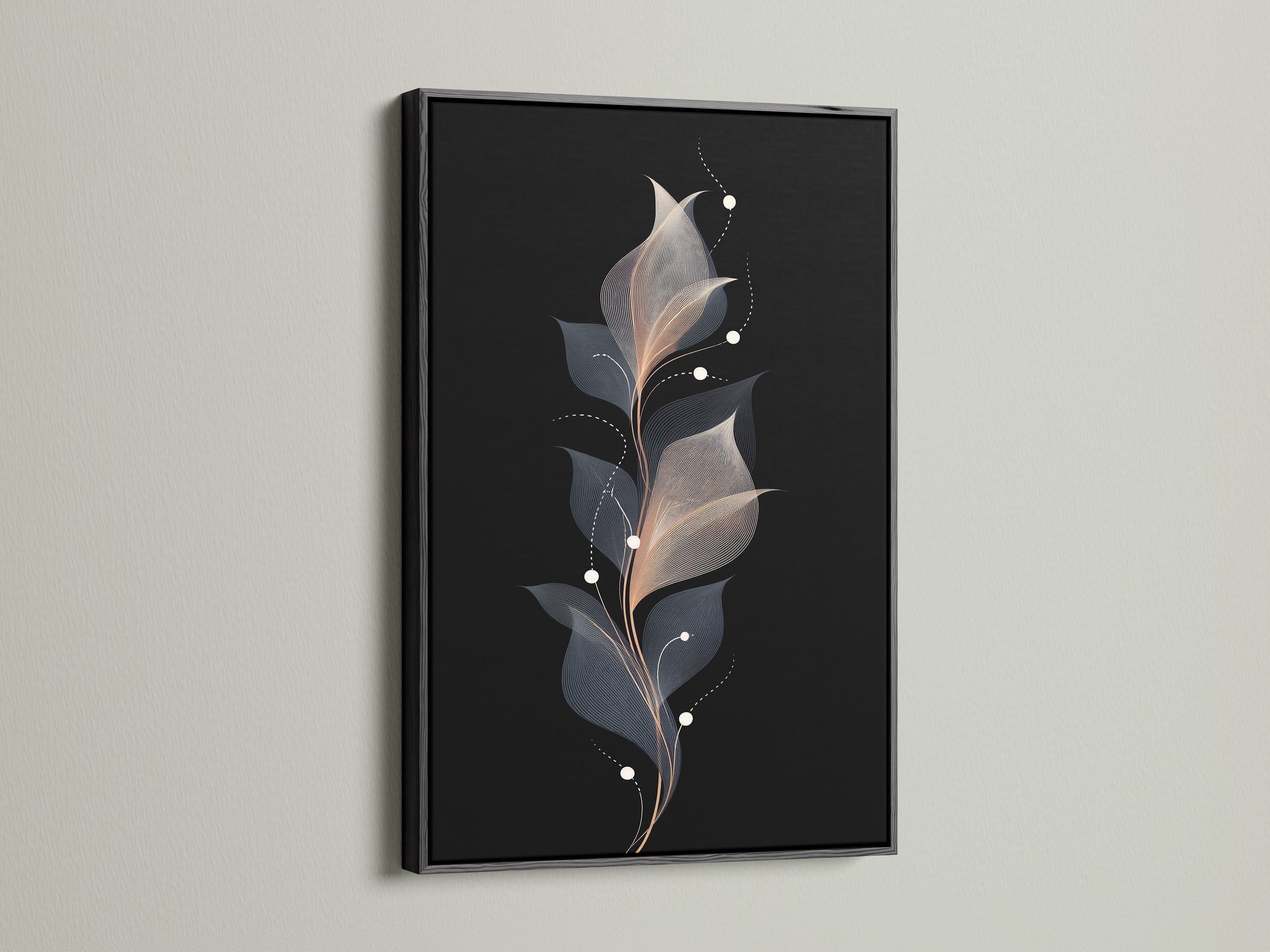 Floral line art canvas print in a black frame. This abstract flower is a modern botanical print for a bedroom. This minimalist art has neutral tones. It's a flower canvas with a line drawing and contemporary style.