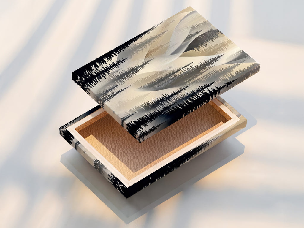 A stretched canvas print of abstract pine tree artwork is displayed. The stretched canvas provides a gallery wrapped edge. This artwork is ready to hang and enjoy. The neutral colors complement any interior style. The forest canvas print adds a touch of nature to your space. It is perfect for hallway wall decor.