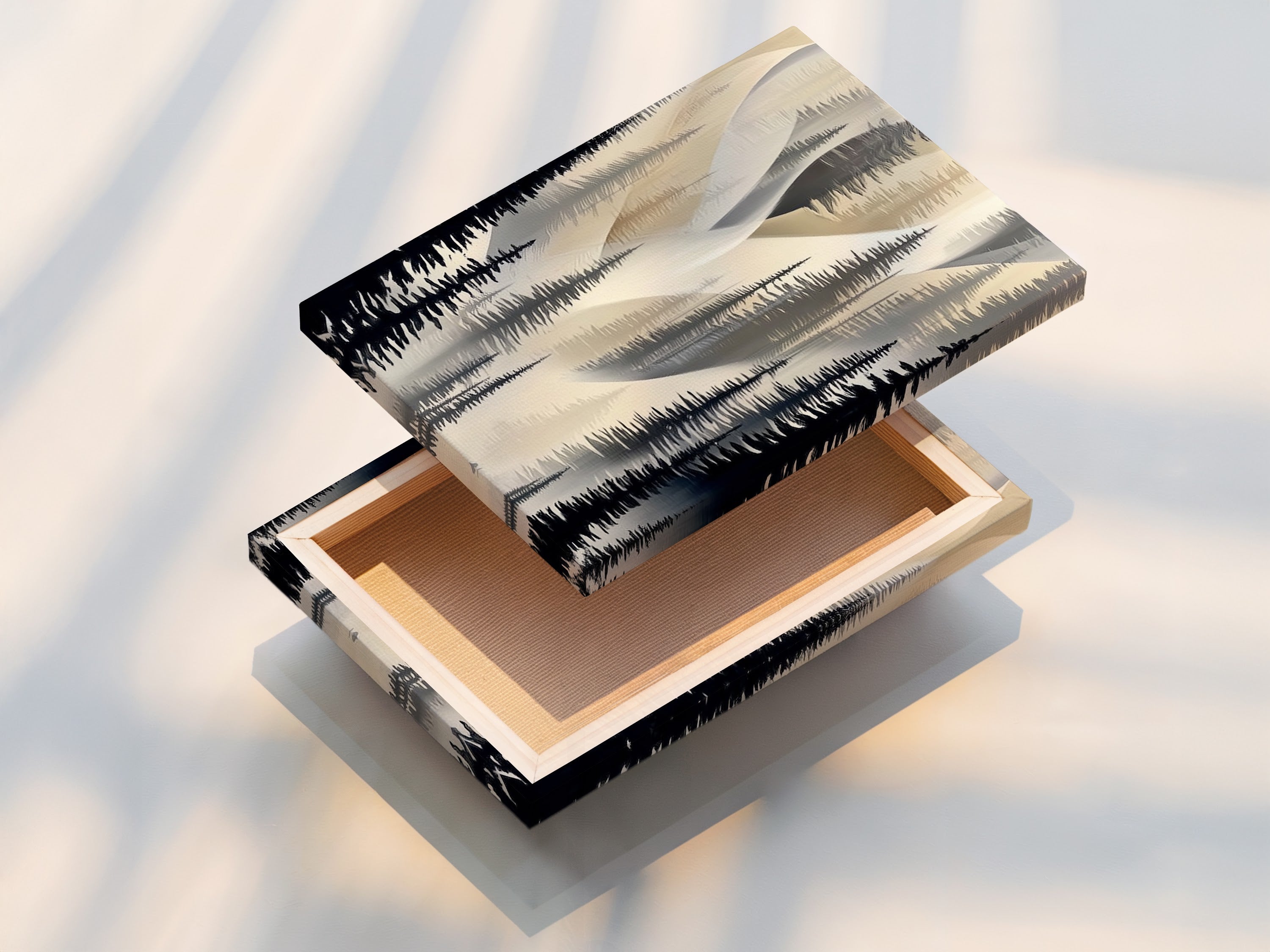 A stretched canvas print of abstract pine tree artwork is displayed. The stretched canvas provides a gallery wrapped edge. This artwork is ready to hang and enjoy. The neutral colors complement any interior style. The forest canvas print adds a touch of nature to your space. It is perfect for hallway wall decor.