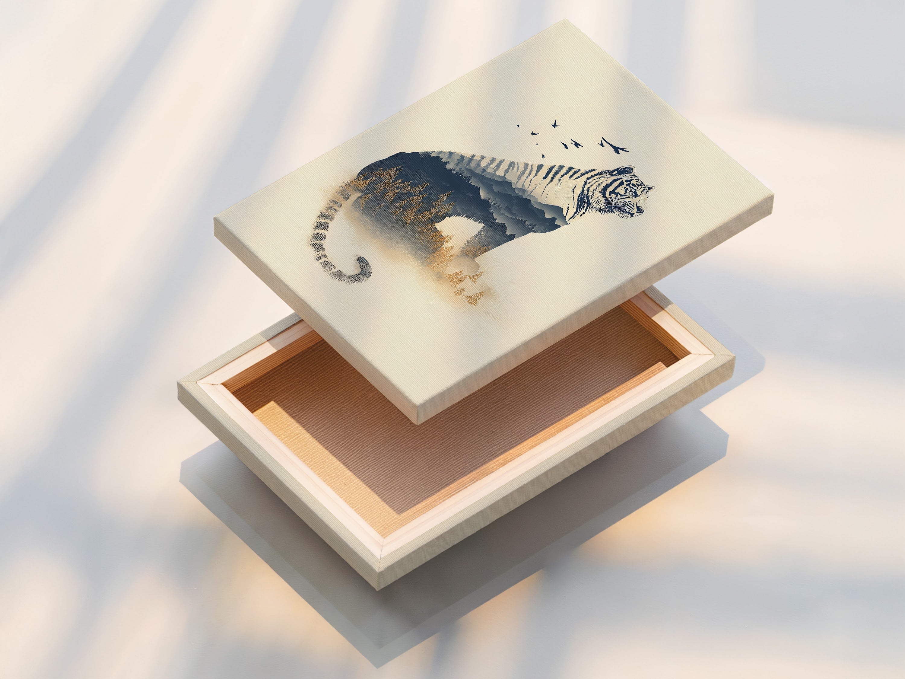 A stretched canvas print of tiger double exposure artwork. This wildlife canvas art is ready to hang. Perfect for modern home decor. The stretched canvas enhances the forest landscape art. Add a touch of nature with this animal wall decor.