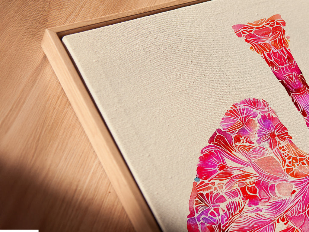 A close-up shot reveals the canvas print of lung art in a floating frame. The floating frame gives the illusion that the artwork is suspended. This adds depth and visual interest to the artwork.