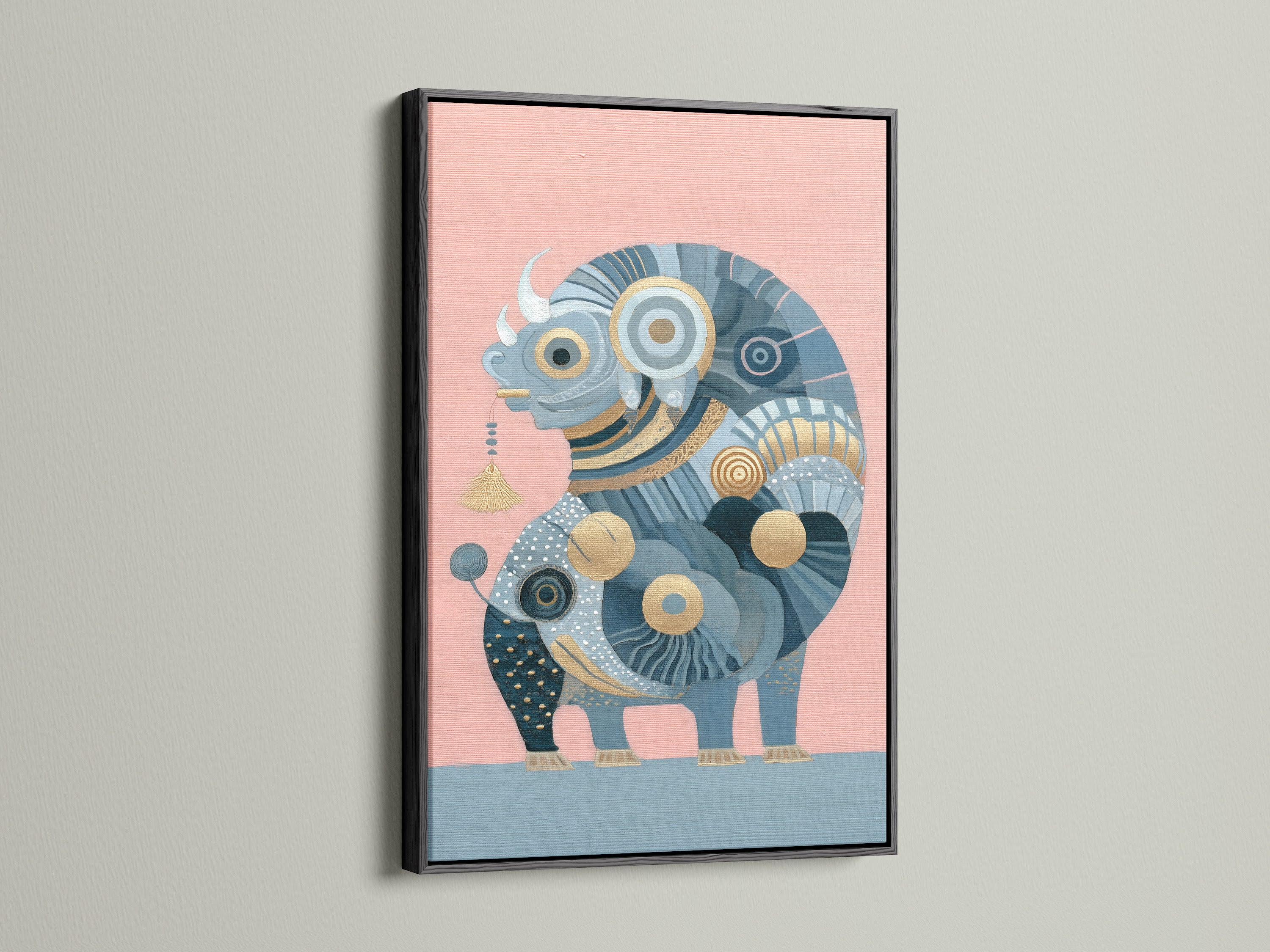 Abstract Bull art in a sleek black frame. The blue and gold abstract animal artwork is striking. It is ideal for modern homes and eclectic styles. This bull canvas is a statement piece. Perfect for office wall art or a contemporary touch.