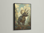 A triceratops artwork finds its home in a sleek black frame. The contrast between the artwork and the frame is stunning. The black frame adds a touch of elegance to the piece. This framed artwork is a great addition to any art collection.