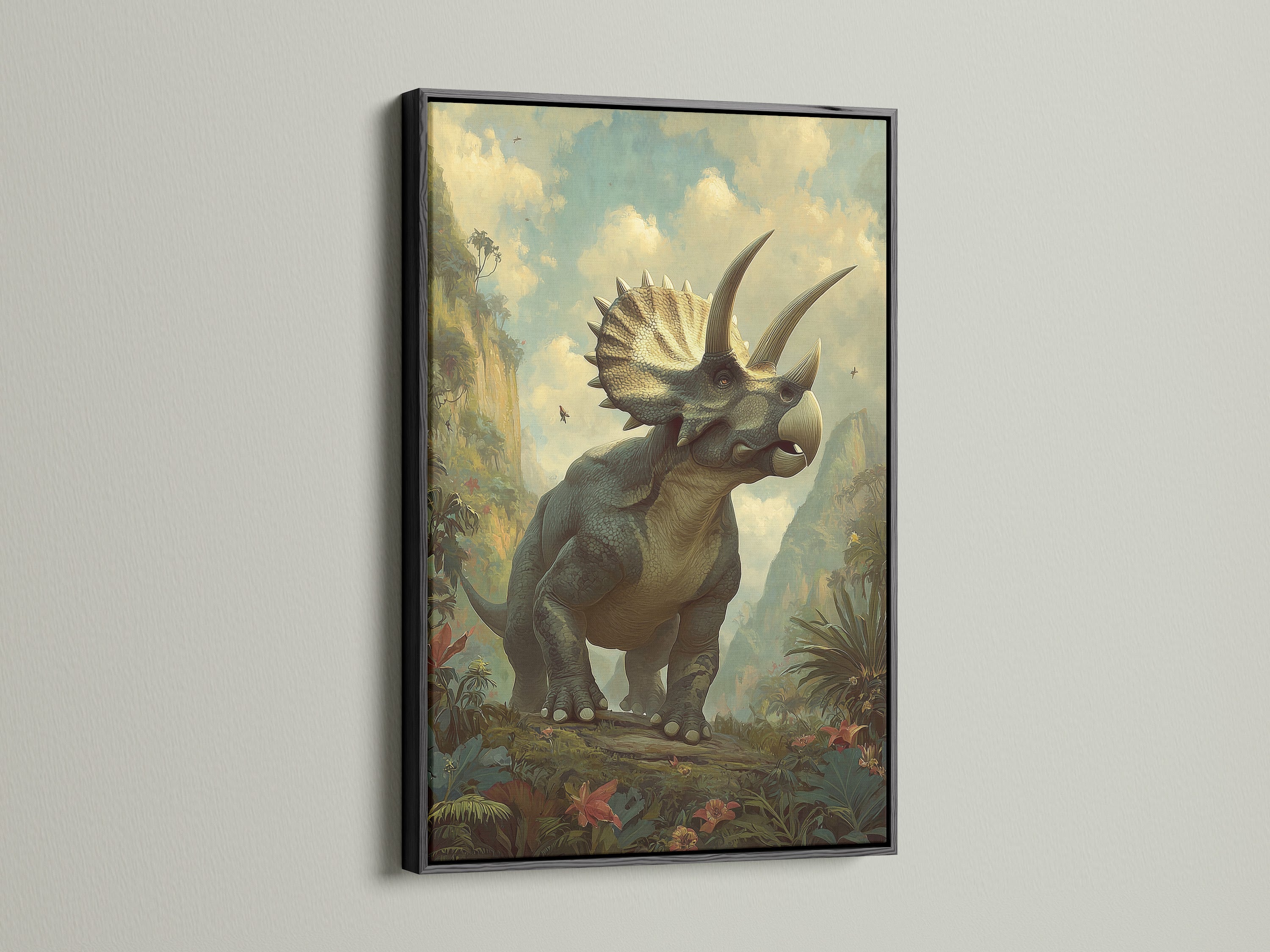 A triceratops artwork finds its home in a sleek black frame. The contrast between the artwork and the frame is stunning. The black frame adds a touch of elegance to the piece. This framed artwork is a great addition to any art collection.