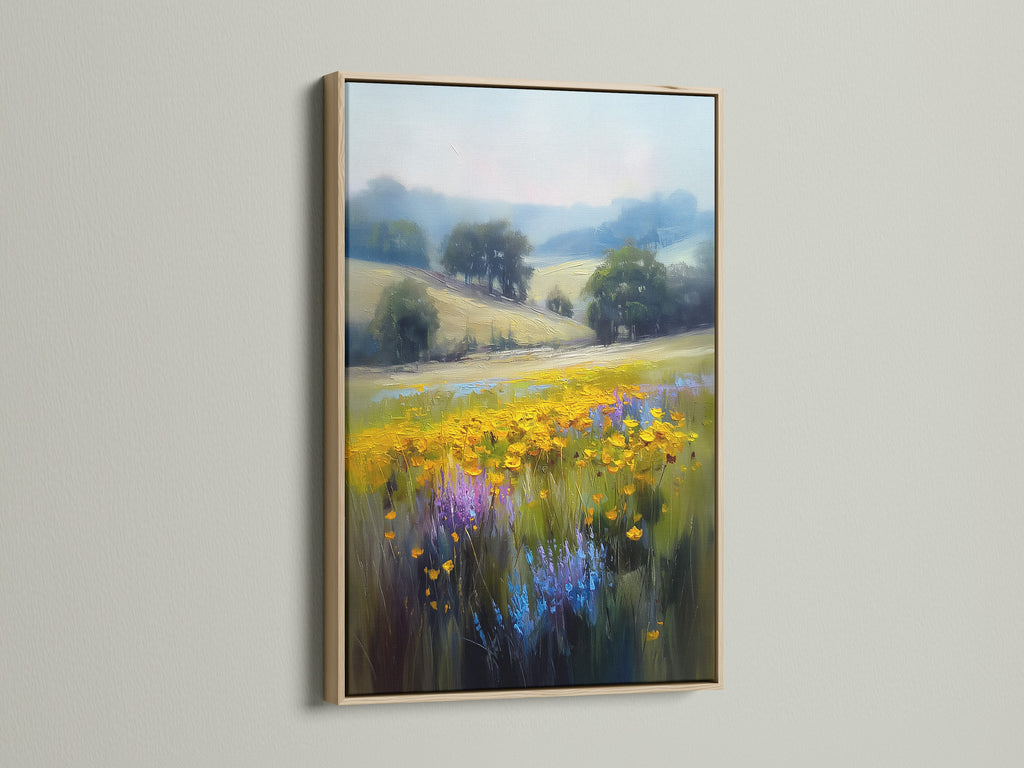 The wildflower meadow artwork is beautifully framed in oak. This country field painting brings nature indoors. The impressionist style captures the essence of a rustic landscape. Ideal for bedroom decor or living room wall art. This floral wall art complements farmhouse and eclectic styles.