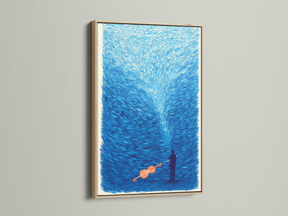 A close-up showcases a musical canvas print with an oak frame. The surreal violin wall artwork adds charm to any space. The indigo blue art print is perfect for a music room. It makes a thoughtful gift for musicians or art collectors.