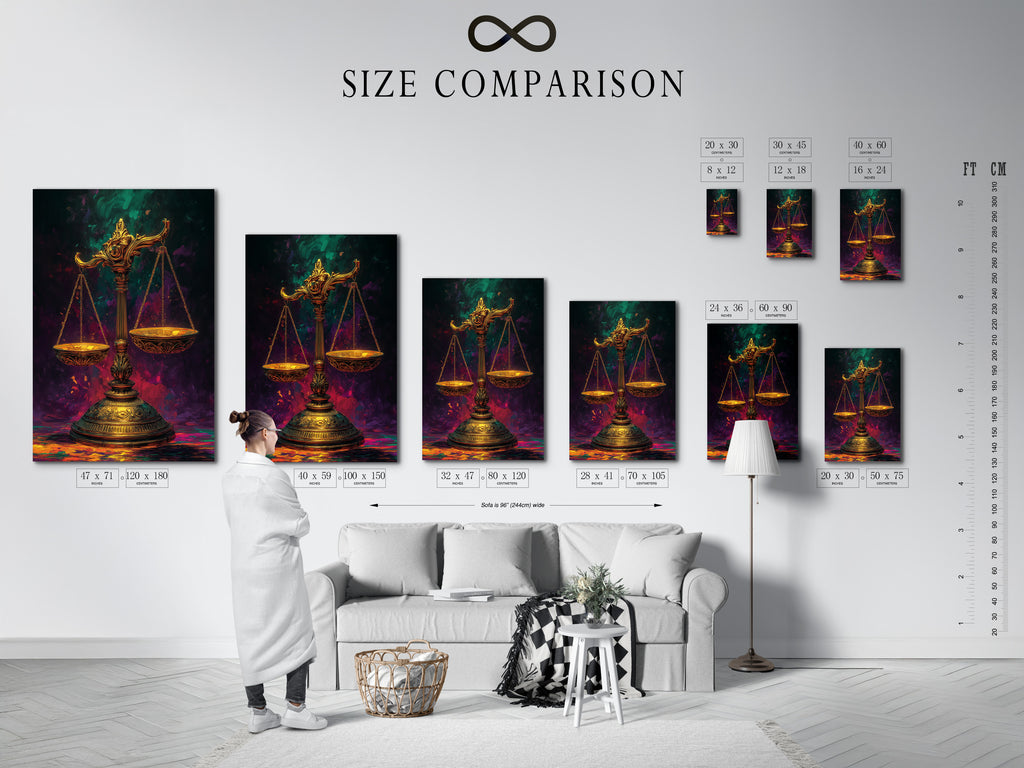 Size comparison chart in an interior setting featuring the scales of justice artwork. Visualize the perfect size for your space with our canvas prints and fine art poster papers. Ideal for law offices and legal professionals. Choose the right size for your legal wall art.