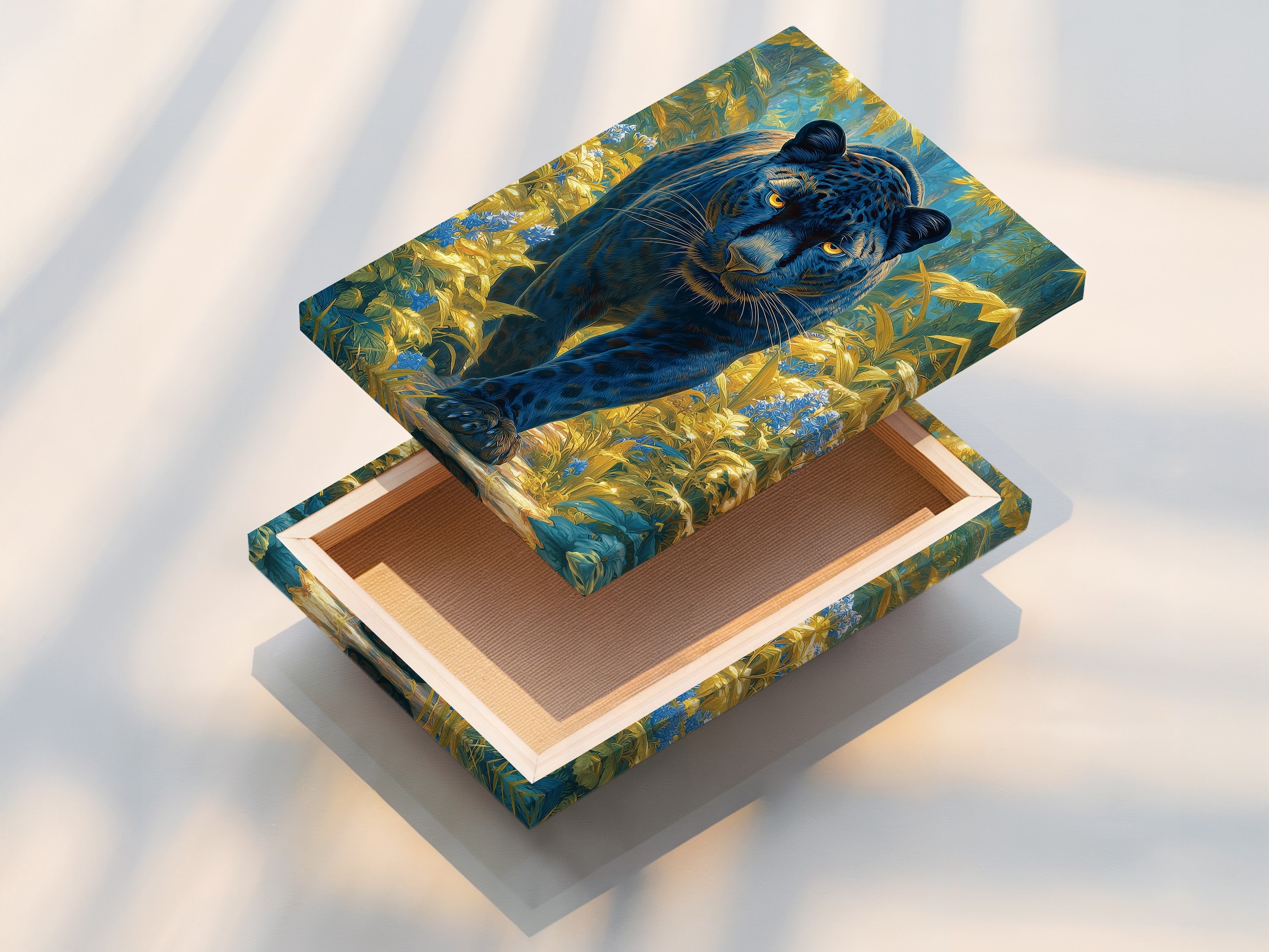 Close-up of a stretched canvas print. The stretched canvas is ready to hang. The canvas material provides a gallery-quality look. Perfect for displaying panther art. Stretched canvas enhances modern home art and office wall decor.