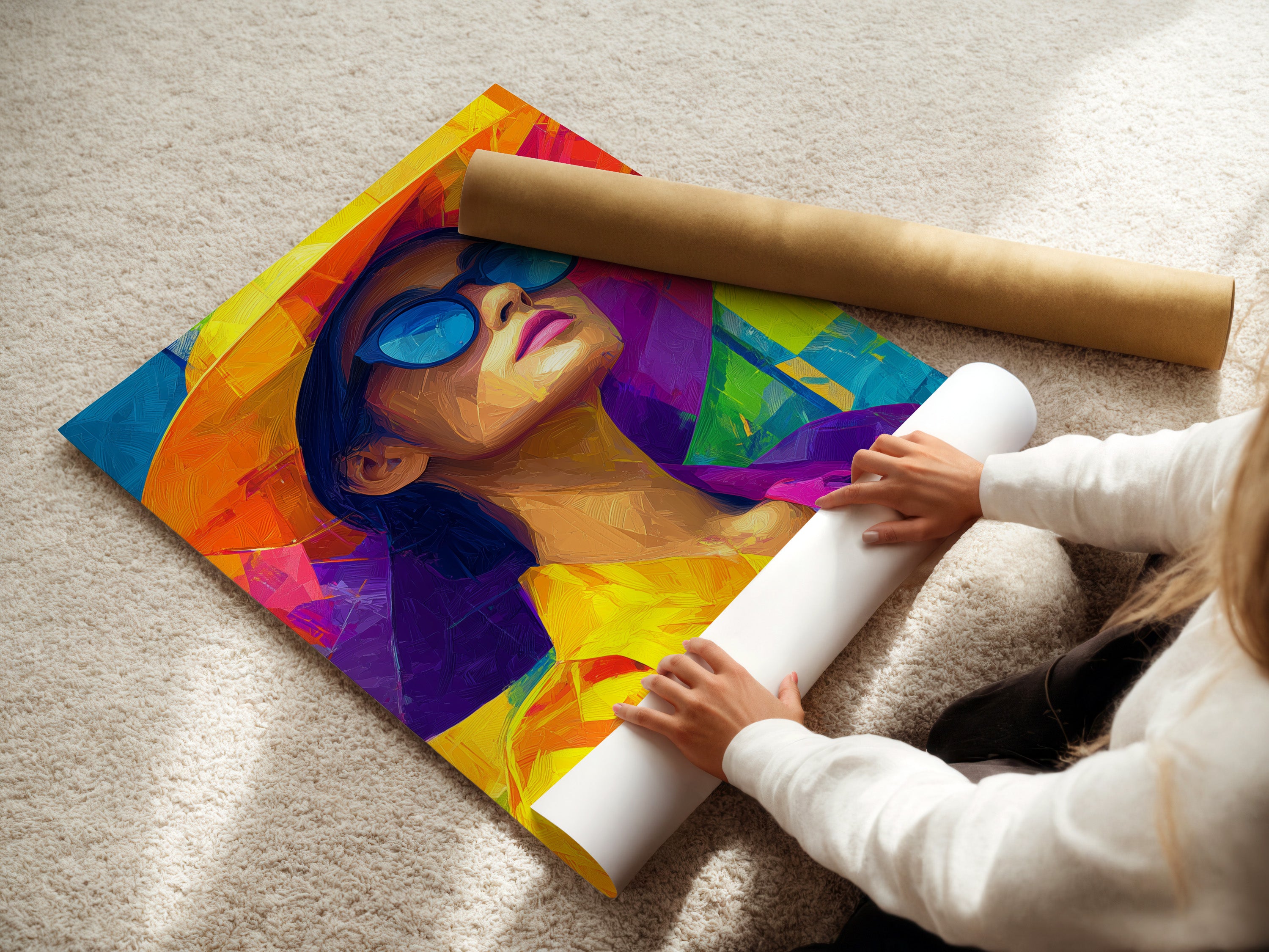A woman is carefully rolling a fine art poster paper. This demonstrates the care and precision involved. The fine art paper ensures high-quality prints. This is ideal for detailed artwork. The poster paper is perfect for creating stunning art pieces.