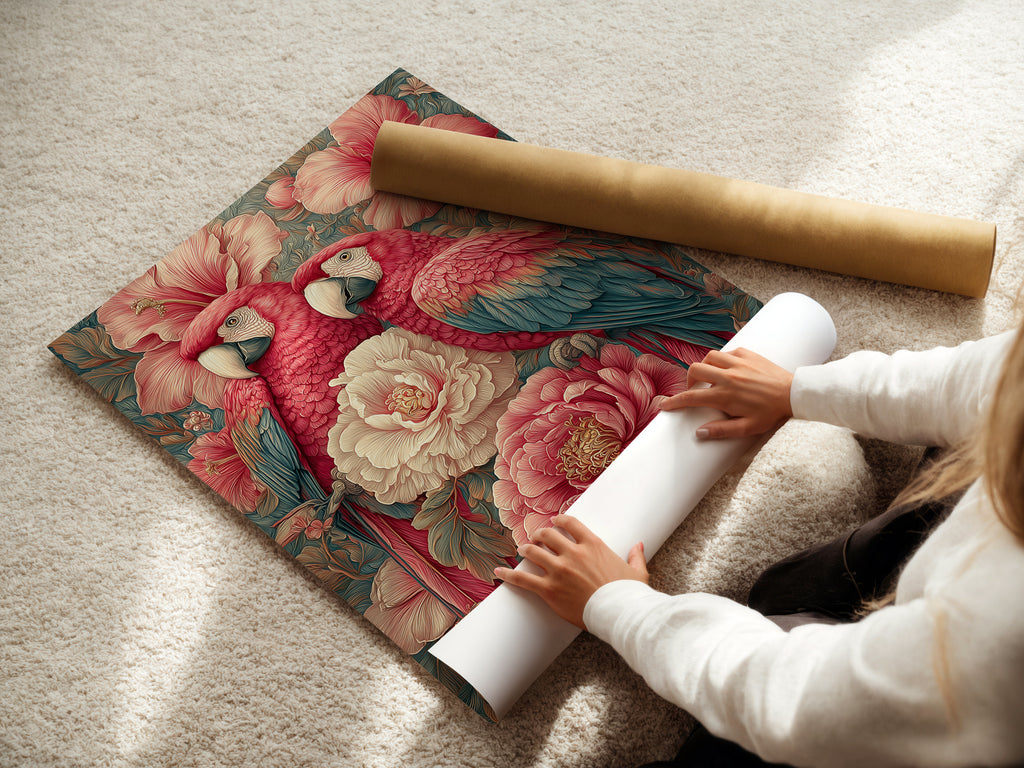 A woman is carefully rolling a fine art poster paper. The paper features tropical parrot artwork. This vintage botanical wall art is perfect for any room. The pink coral floral bird artwork will enhance your bedroom decor.