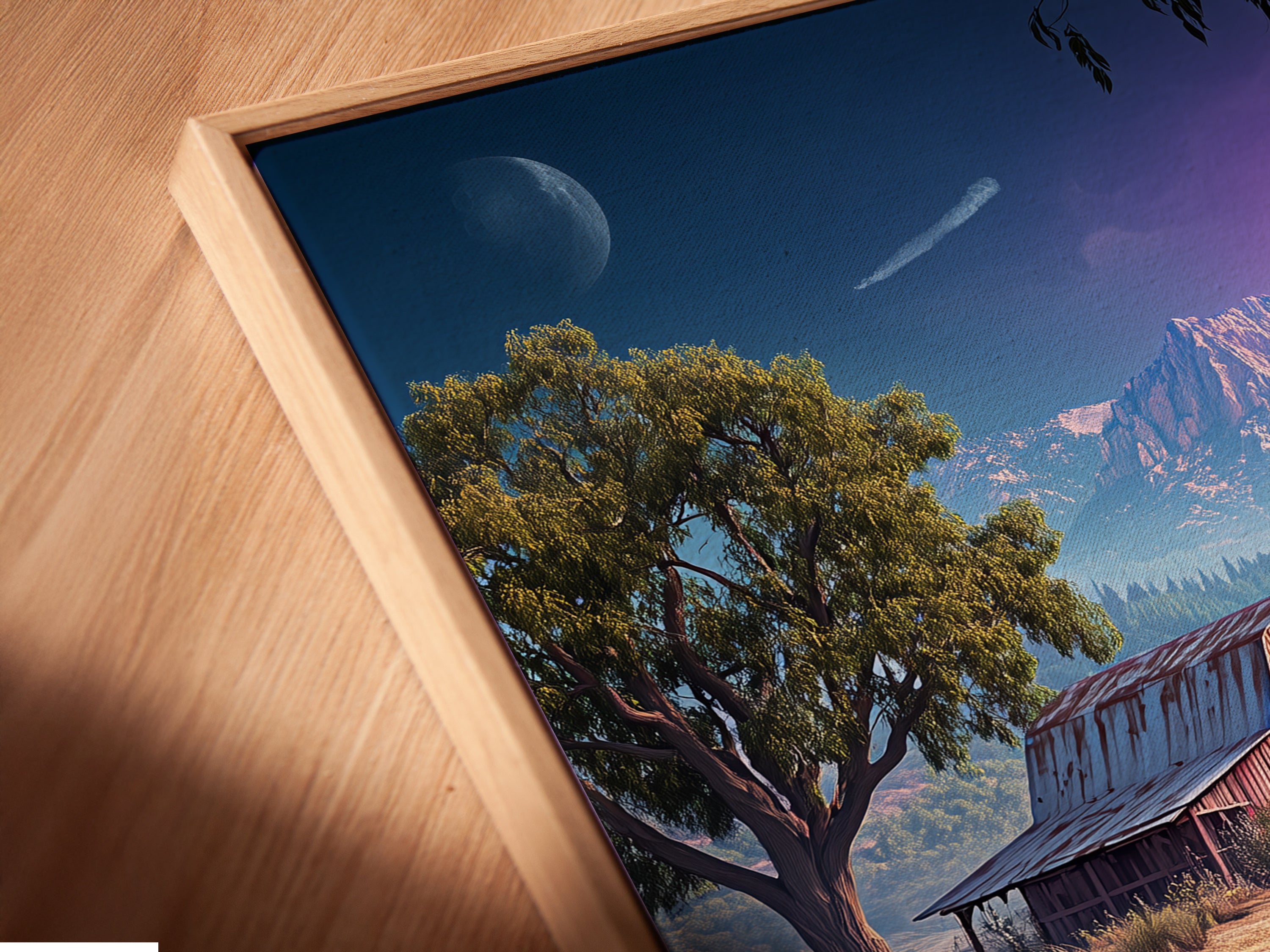 A close-up of a canvas print displayed in a floating frame. The artwork depicts a farm landscape. It enhances farmhouse decor. The print showcases a rustic barn and a golden field. Perfect for adding countryside charm to a dining room or living room. This vintage farm art is a beautiful addition to any home.