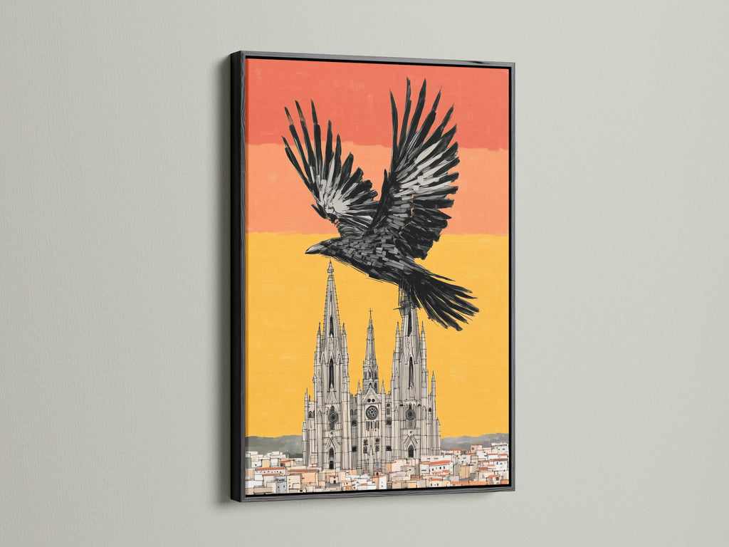 This gothic raven artwork is framed in a sleek black frame. A striking black bird cathedral canvas print. A perfect addition to any gothic home decor collection. This medieval decor is suitable for rustic minimalist and Scandinavian styles. It enhances living rooms bedrooms and offices.