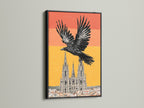 This gothic raven artwork is framed in a sleek black frame. A striking black bird cathedral canvas print. A perfect addition to any gothic home decor collection. This medieval decor is suitable for rustic minimalist and Scandinavian styles. It enhances living rooms bedrooms and offices.