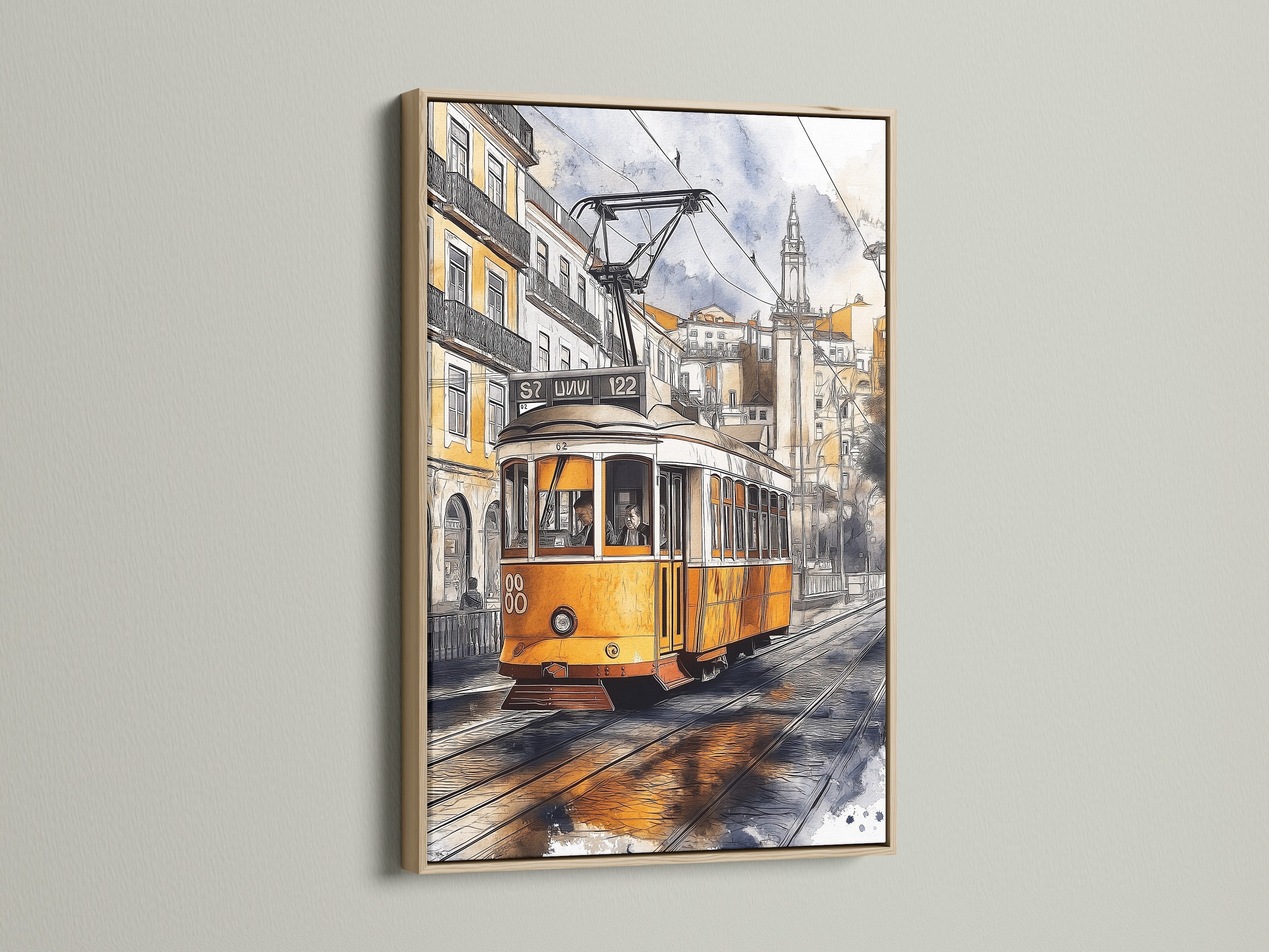 A yellow Lisbon streetcar artwork is showcased in an oak frame. The vintage tram art brings a touch of European charm to any room. Ideal wall decor for home or office. The oak frame enhances the vintage aesthetic.