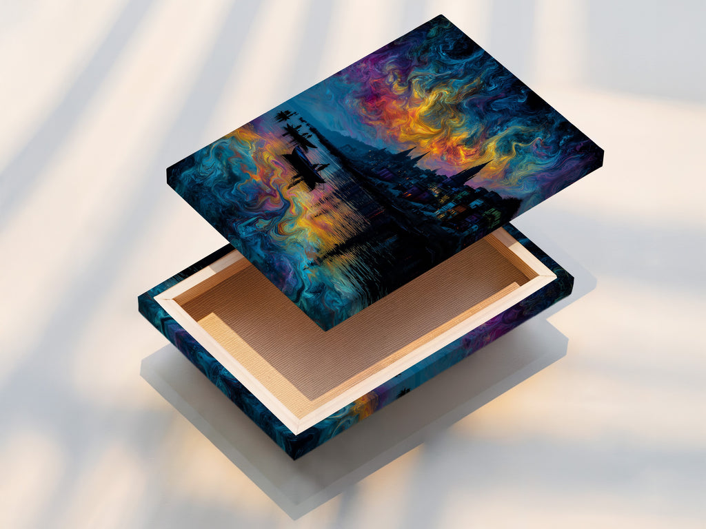 Stretched canvas print of an abstract waterscape artwork. The surreal cityscape features a vibrant swirling sky. This colorful wall art is perfect for living room wall art. This abstract seascape elevates any space.