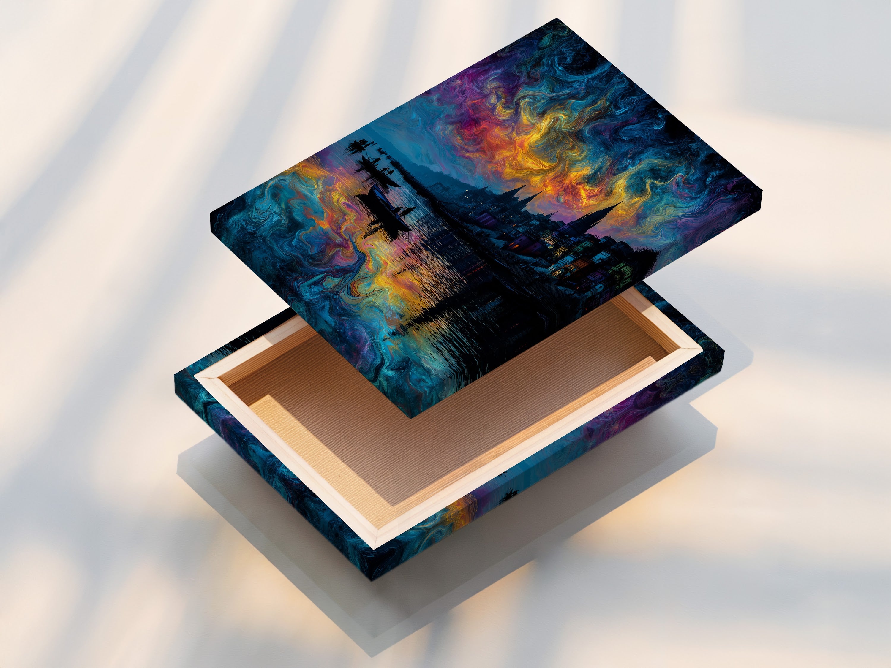 Stretched canvas print of an abstract waterscape artwork. The surreal cityscape features a vibrant swirling sky. This colorful wall art is perfect for living room wall art. This abstract seascape elevates any space.