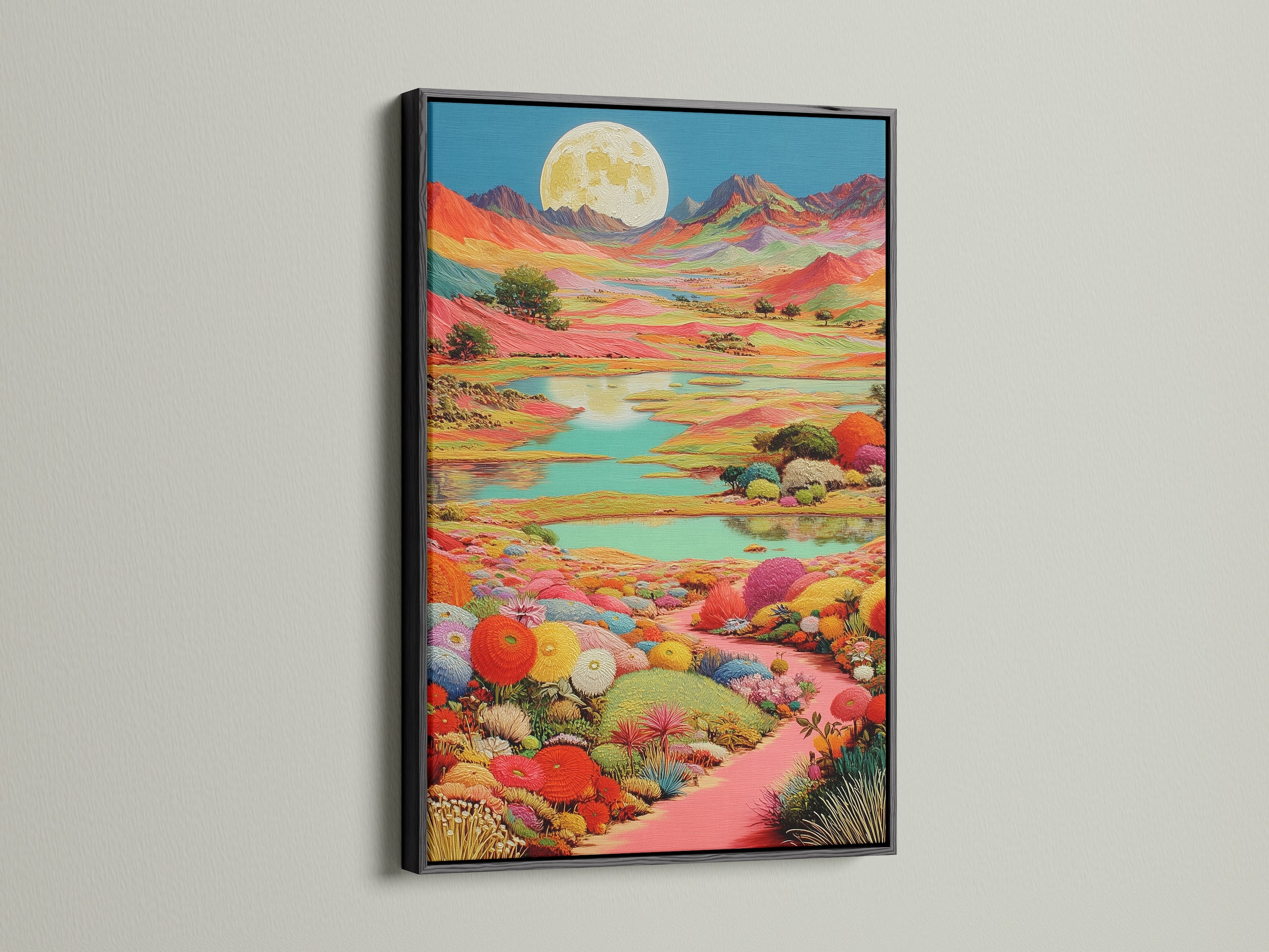 The fantasy landscape artwork is framed in a classic black frame. The artwork features a colorful moon. This art piece adds a touch of sophistication to any interior. Perfect for studios lobbies clinics cafés and boardrooms looking for a unique piece.
