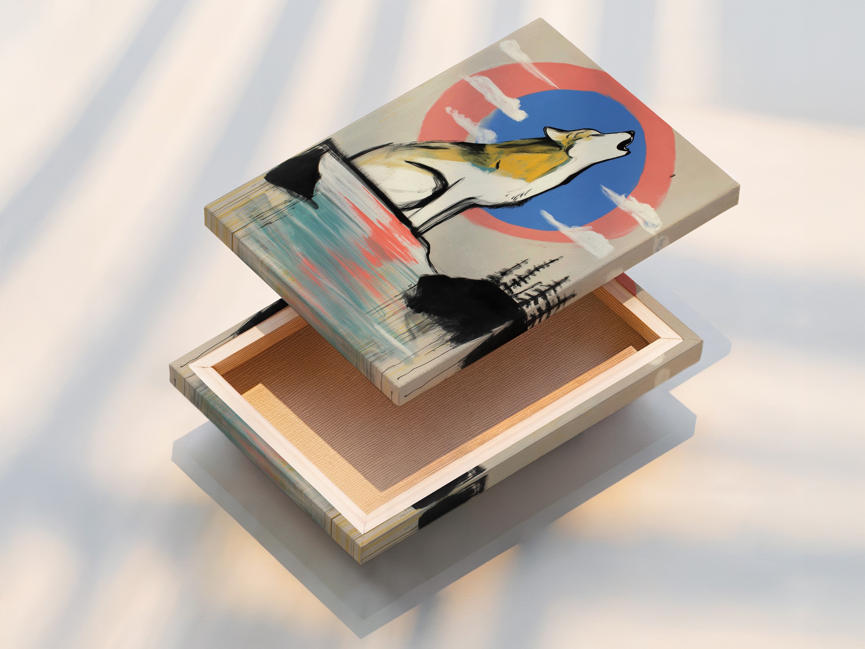 This is a stretched canvas print of a wolf artwork. The art features a howling wolf against a modern abstract coral blue sky. This ready-to-hang piece is perfect for adding instant style. Transform your walls with this wildlife canvas art. Enhance your living room or bedroom decor.