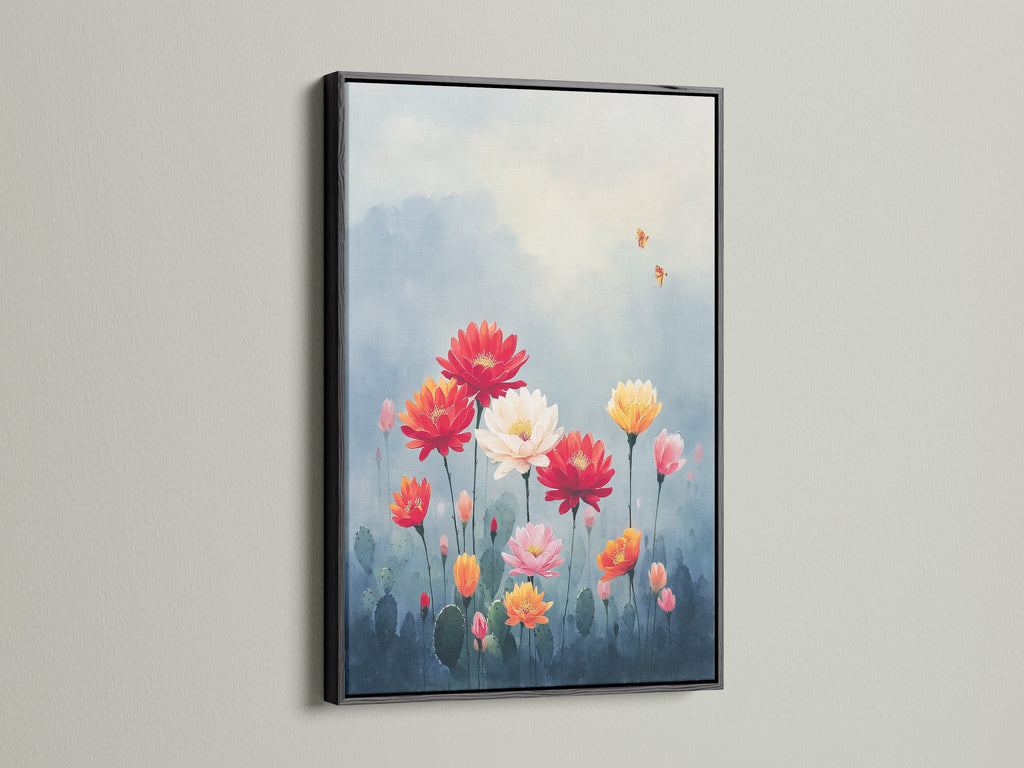 This floral canvas print is framed in black. The contrast enhances the botanical artwork. The desert flower art adds a touch of the southwest to any room. This floral home art is a striking addition to your wall decor.