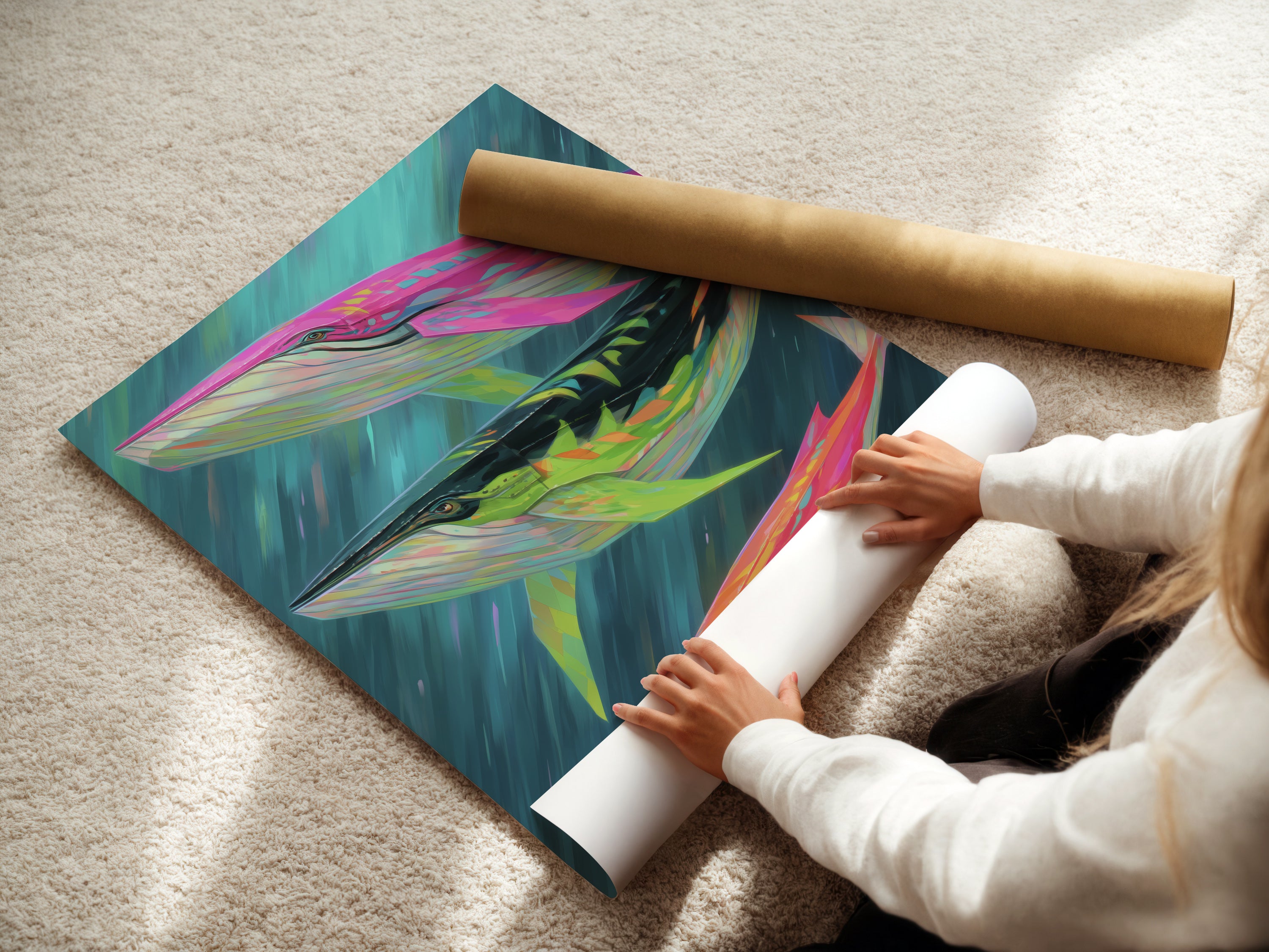 A woman is carefully rolling a fine art poster paper. This ensures the whale art print arrives in perfect condition. It's ready to become a stunning piece of wall decor. Perfect for art collectors.