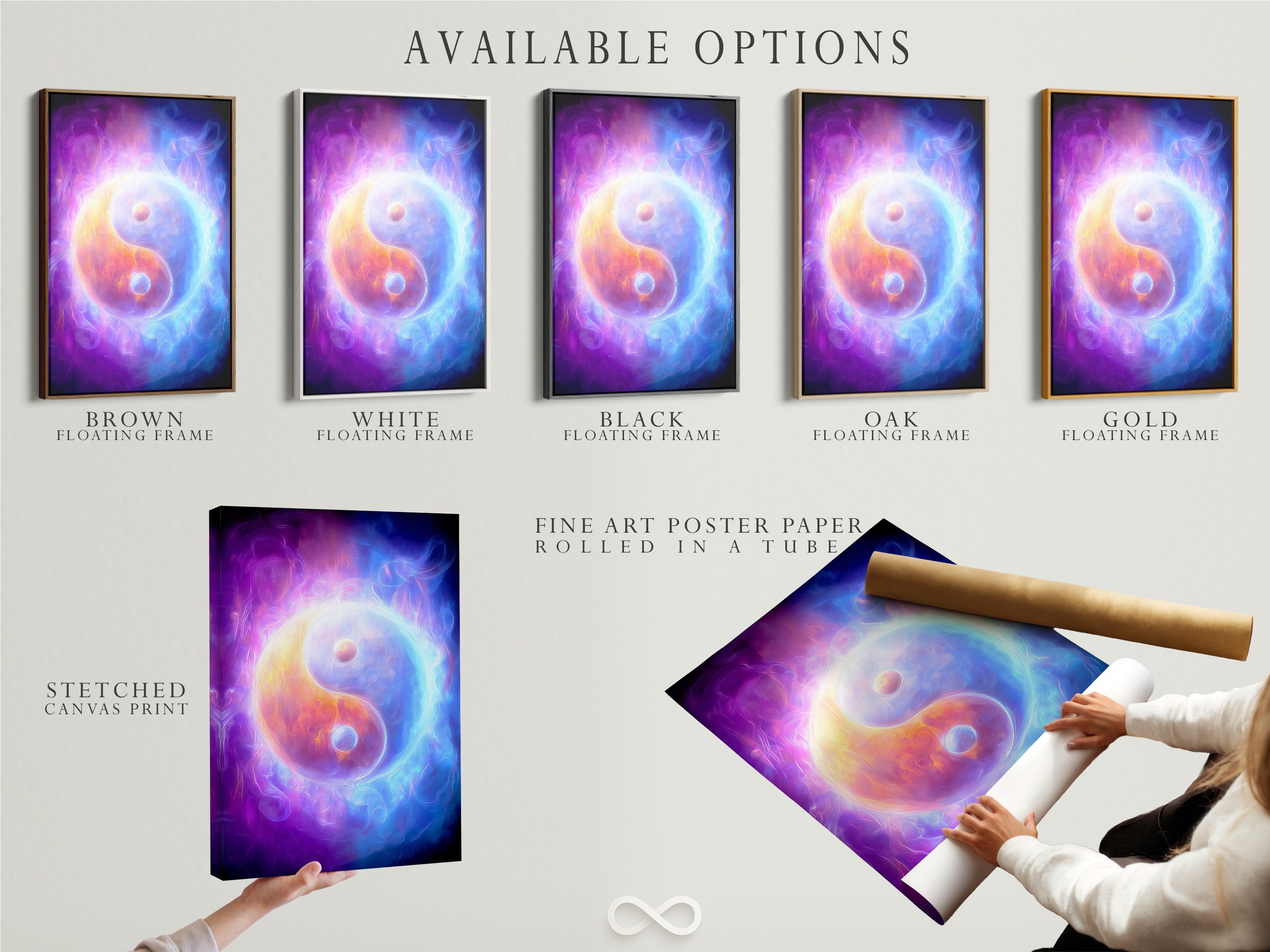 Explore available options for Yin Yang cosmic energy wall art. Choose from stretched canvas prints fine art poster paper and floating frames. The spiritual purple and blue abstract art suits any style. Perfect for meditation rooms and zen spaces. Enhance your home with mystical artwork