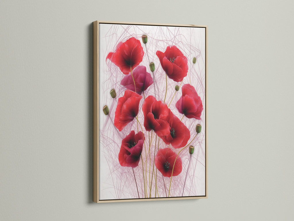 Red Poppy canvas art displayed in an oak frame. The warm tones of the oak enhance the crimson red artwork. A beautiful botanical wall art piece. Perfect as living room wall art or bedroom wall decor.