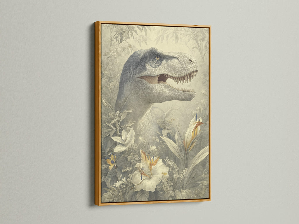A luxurious gold frame highlights a dinosaur artwork. Gold frames bring a touch of glamor. They enhance the richness of art. Browse our gold frame selection to add elegance to your home decor.