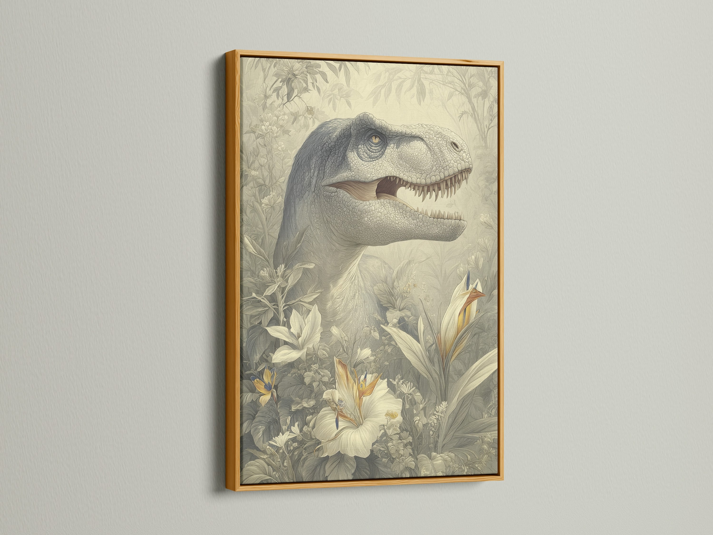 A luxurious gold frame highlights a dinosaur artwork. Gold frames bring a touch of glamor. They enhance the richness of art. Browse our gold frame selection to add elegance to your home decor.