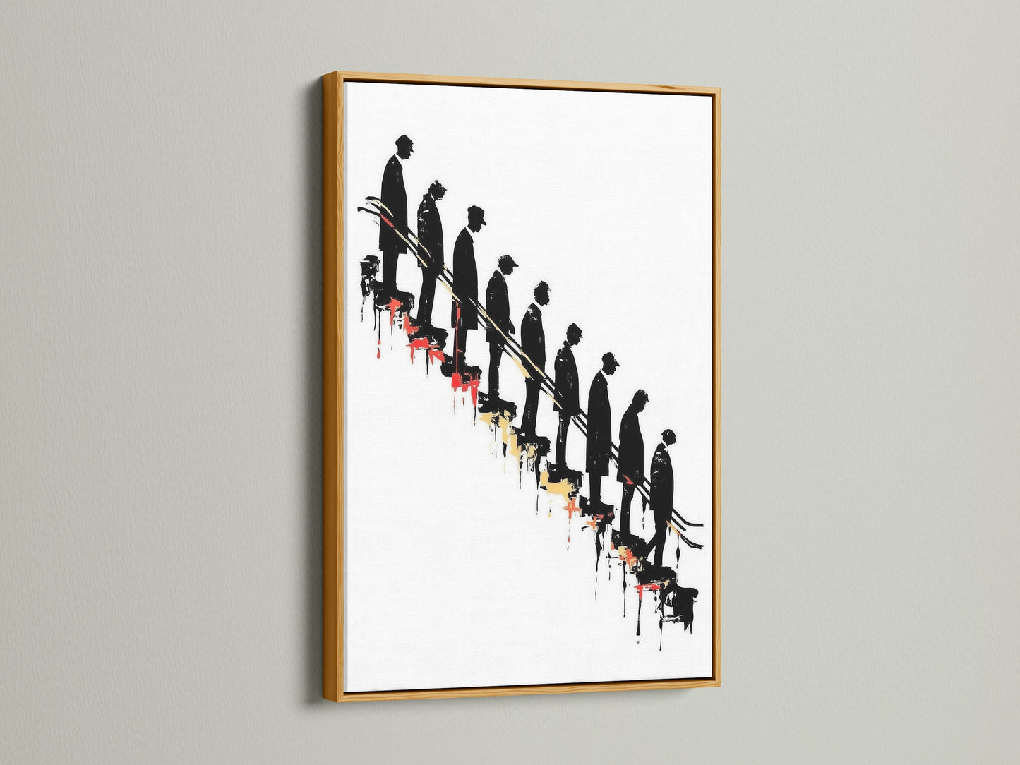 Conceptual artwork featuring descending figures on a stairway. This version is framed in gold. The gold frame adds a touch of luxury to this modern art print. It is a sophisticated addition to any space. Perfect as conceptual wall decor for living rooms or hallways.