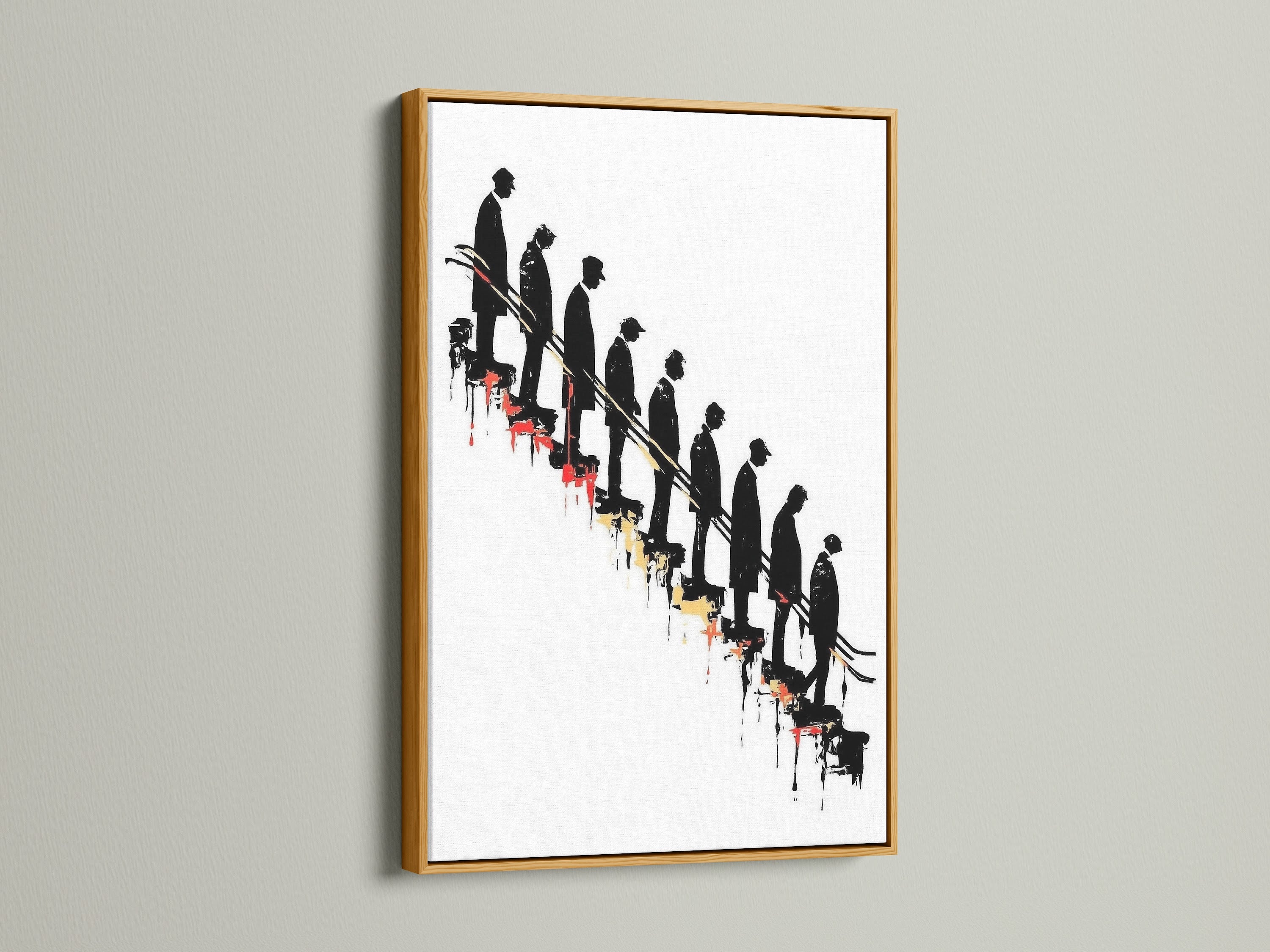 Conceptual artwork featuring descending figures on a stairway. This version is framed in gold. The gold frame adds a touch of luxury to this modern art print. It is a sophisticated addition to any space. Perfect as conceptual wall decor for living rooms or hallways.