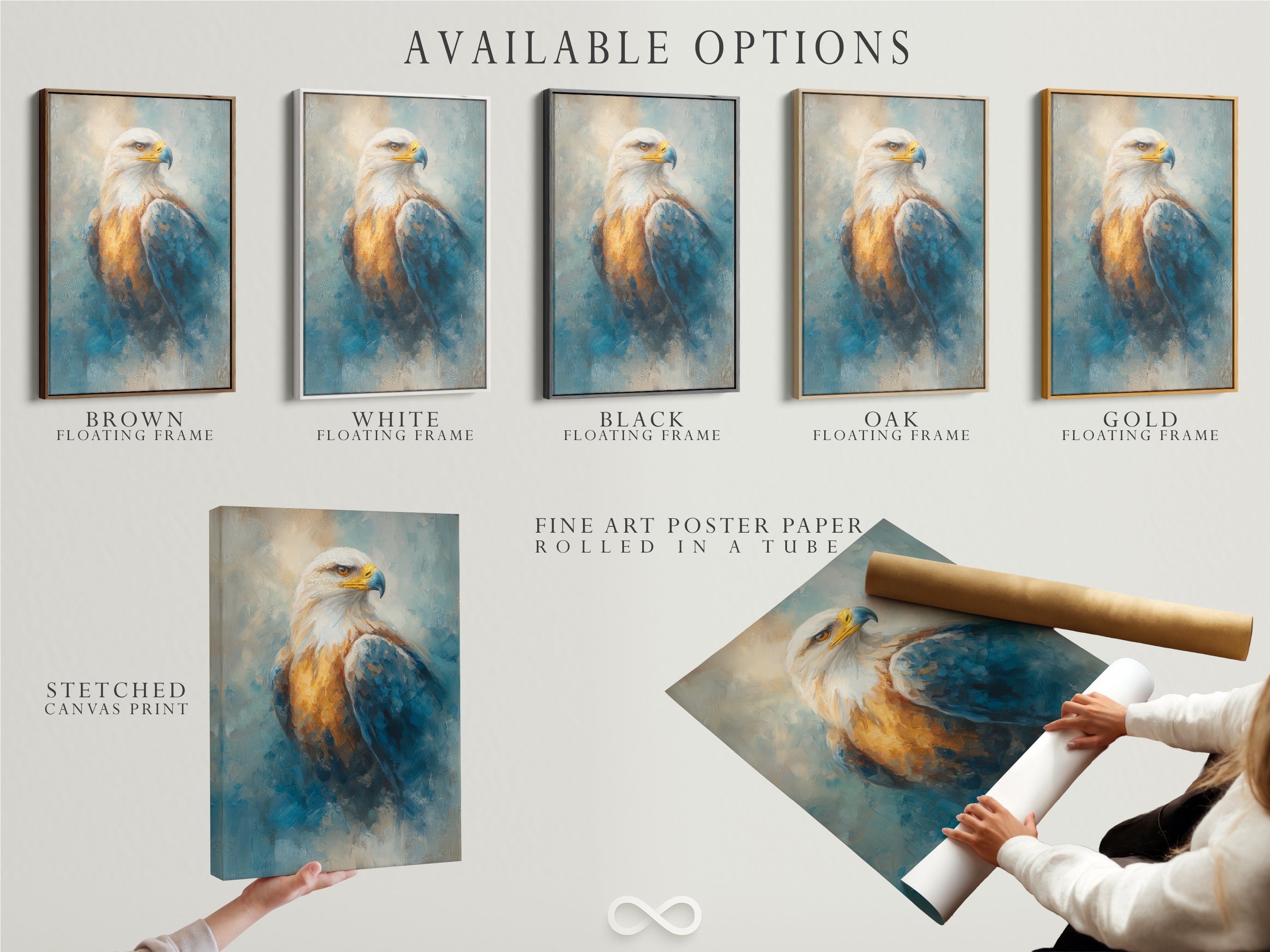 Available options displayed include a stretched canvas print. We also have fine art poster paper and floating frame options. Choose the perfect style for your eagle wall art. Our majestic bird canvas prints are versatile. Ideal for patriotic wildlife art in any setting. Explore American eagle artwork and raptor art. Customize your nature wall art today.