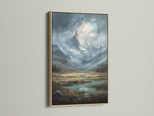 Artwork is displayed in an oak frame. The frame enhances the artwork. The art piece depicts a scenic mountain view. This is a great choice for nature lovers. The oak frame adds warmth to any room. The artwork is perfect for home or office decor.