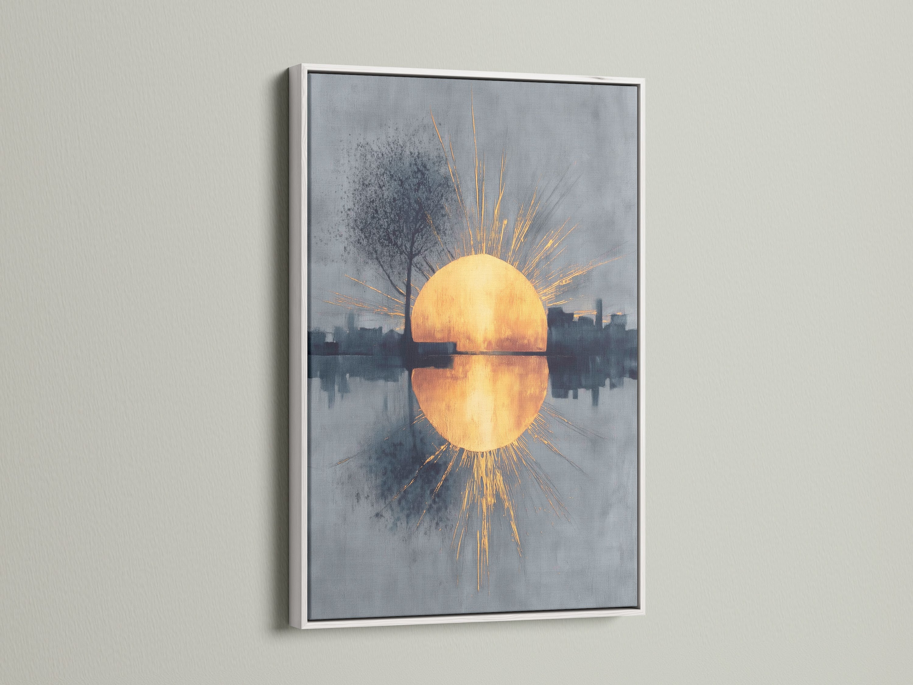 This modern artwork features a clean white frame. The sunrise reflection and abstract cityscape provide a serene focal point. The golden hour art brings a touch of tranquility to your living space. It enhances minimalist aesthetics.