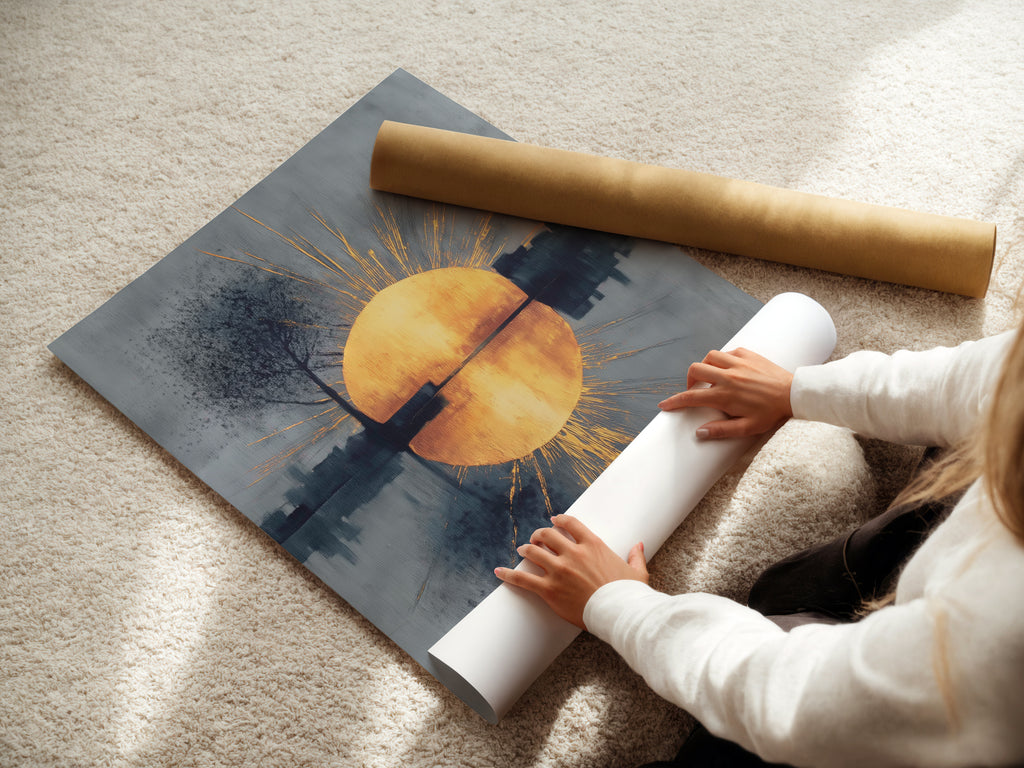 A woman is carefully rolling a fine art poster paper. This demonstrates the care and quality of our art prints. The paper showcases the sunrise reflection artwork. The abstract cityscape and golden hour art are printed with precision.