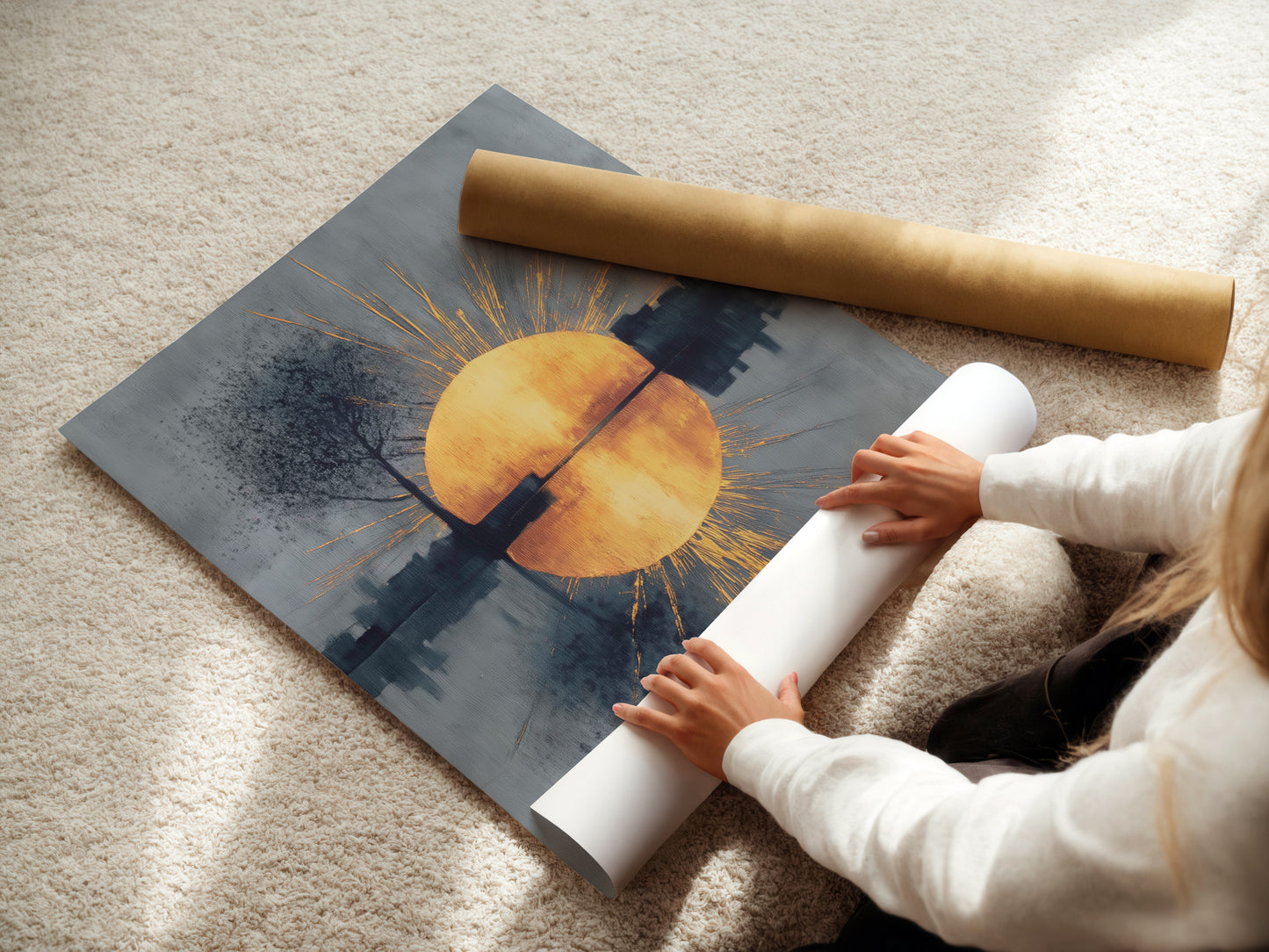A woman is carefully rolling a fine art poster paper. This demonstrates the care and quality of our art prints. The paper showcases the sunrise reflection artwork. The abstract cityscape and golden hour art are printed with precision.