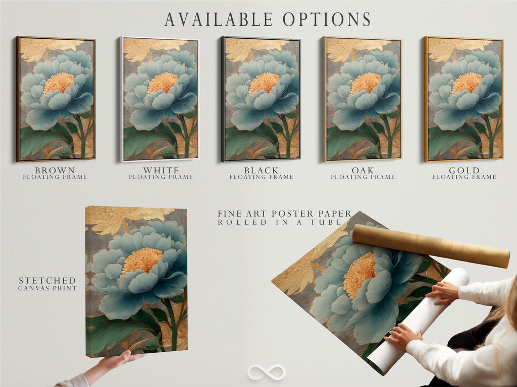 Explore available options for your artwork. Choose from a stretched canvas print. Opt for fine art poster paper. Consider a floating frame for a gallery look. Customize your art to match your style. The artwork is displayed on a white wall.