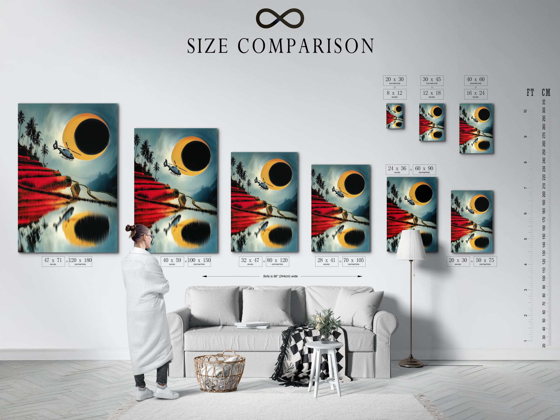 Size comparison chart featuring the Helicopter Over Rice Terraces artwork in an interior setting. Visualize how this travel wall art will look in your space. Choose the perfect size to complement your decor. Ideal for homeowners and interior designers