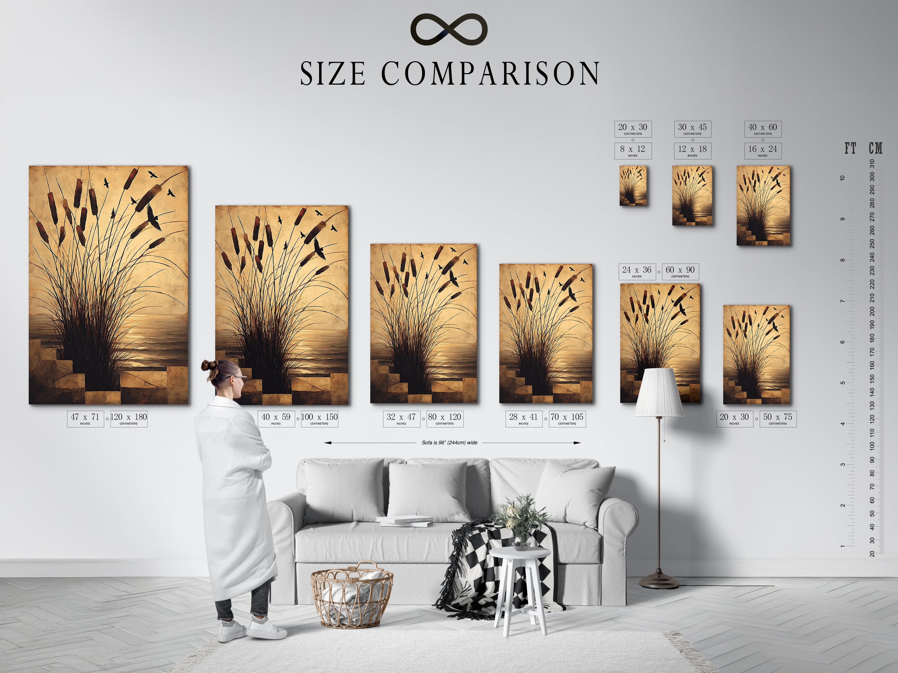 Size comparison chart of the cattails artwork in an interior setting. See how this coastal wall art fits in various spaces. Neutral prints that complement any home decor. Choose the perfect size.