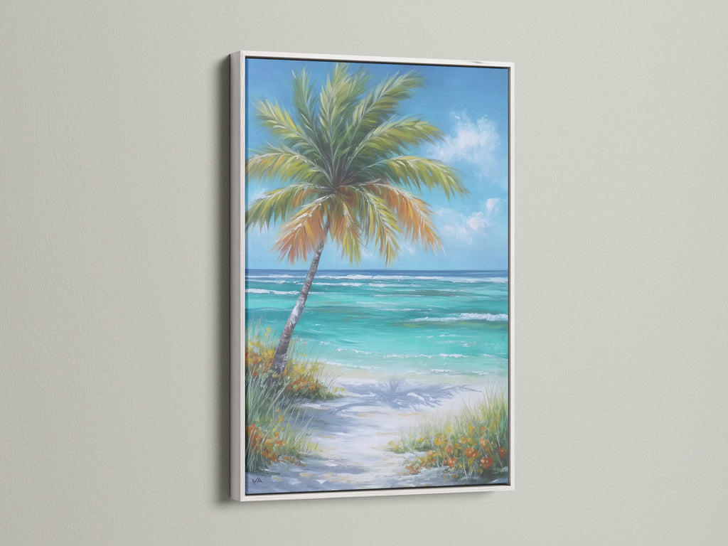 Tropical beach artwork with a white frame. Palm tree coastal wall art brings the turquoise ocean painting for bedroom wall decor. The artwork provides a soothing coastal vibe perfect for any room. Ideal for beach houses vacation rentals spas and sunrooms.