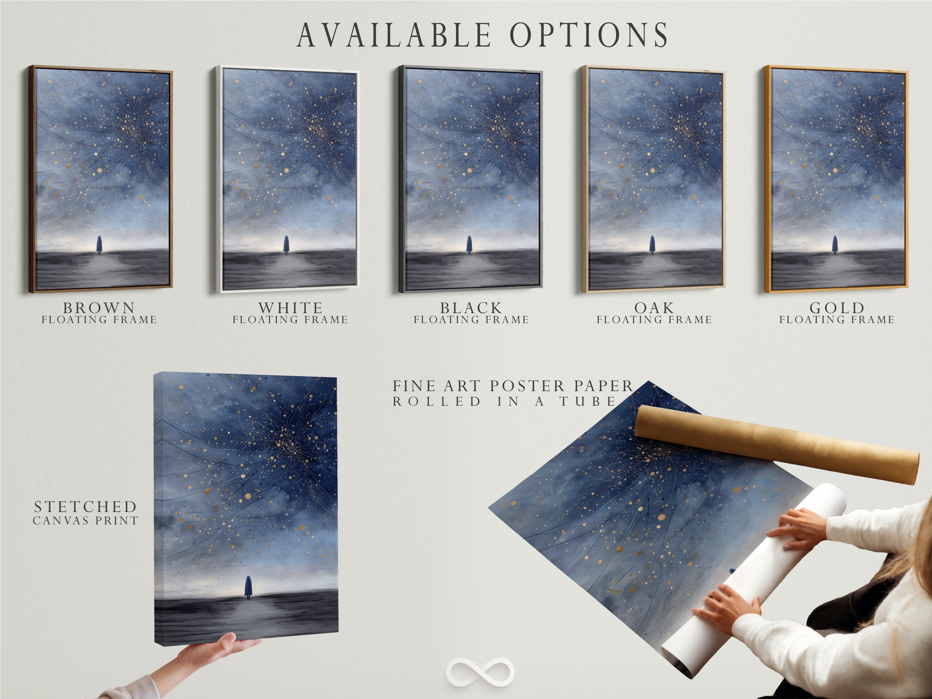Explore available options for celestial artwork. Choose from stretched canvas prints. Fine art poster paper or floating frames. Customize your starry universe art to match your personal style and decor preferences today.