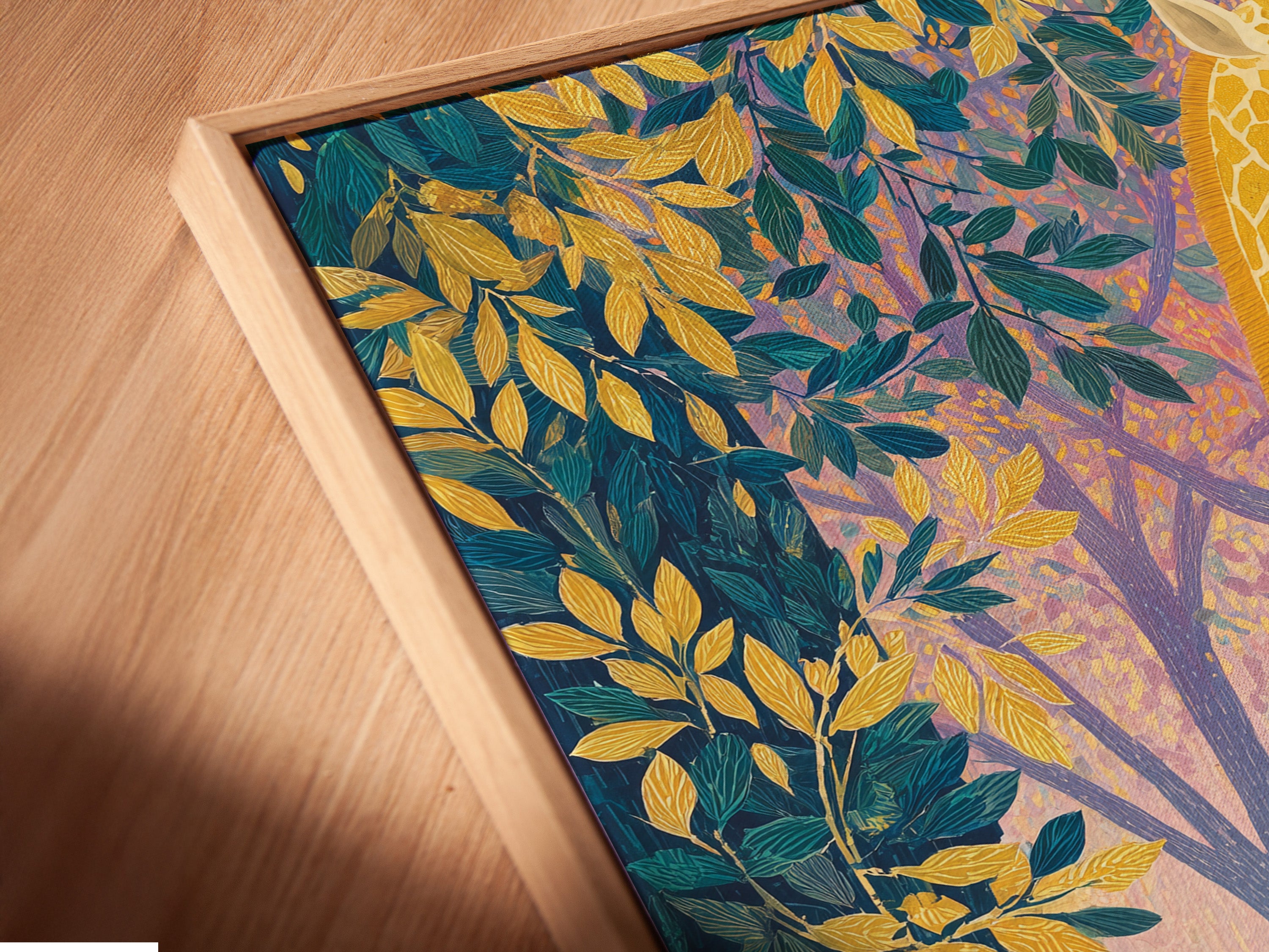 A close-up angled view shows a canvas print with a floating frame. This giraffe artwork is perfect for nurseries and kids rooms. The colorful safari canvas print features tropical botanical animal art. This stylish framing enhances the artwork's appeal. Ideal for modern decor.