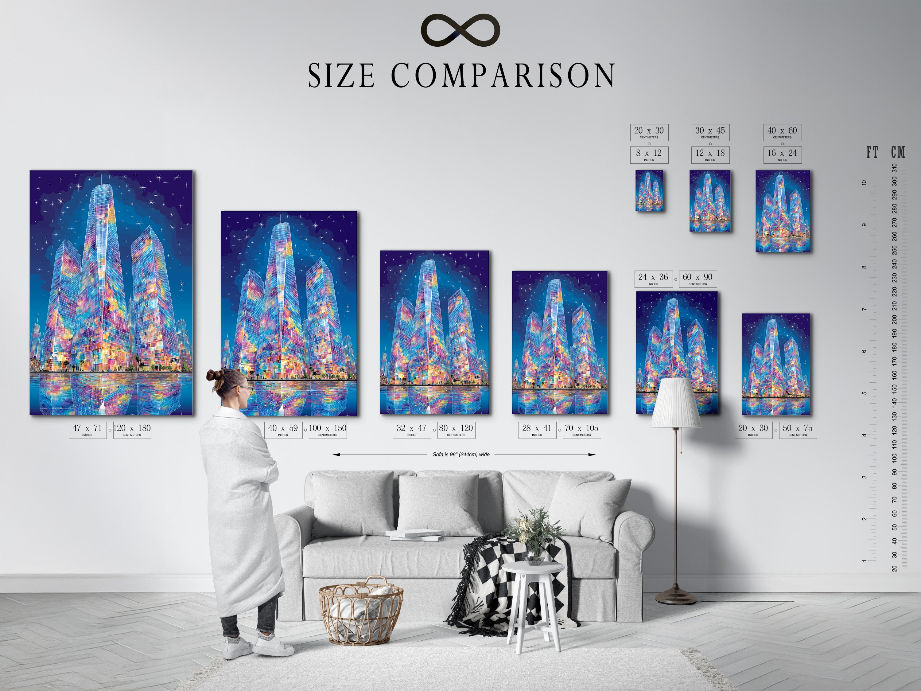A size comparison chart is displayed in an interior setting. See how the colorful city skyline artwork fits in your space. Choose the perfect size for your wall decor needs. Visualize the art in different room sizes for the best fit. Great for any space.