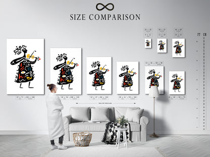 Size comparison chart displayed in an interior setting. Visualize the different sizes of art prints. See how they look in a real room. Choose the perfect size to fit your space. This chart helps you make an informed decision.