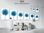 A size comparison chart is displayed in an interior setting. Visualize how the blue dandelion artwork will fit in your home. Choose the perfect size for your living room wall art or bedroom wall decor. Plan your space.