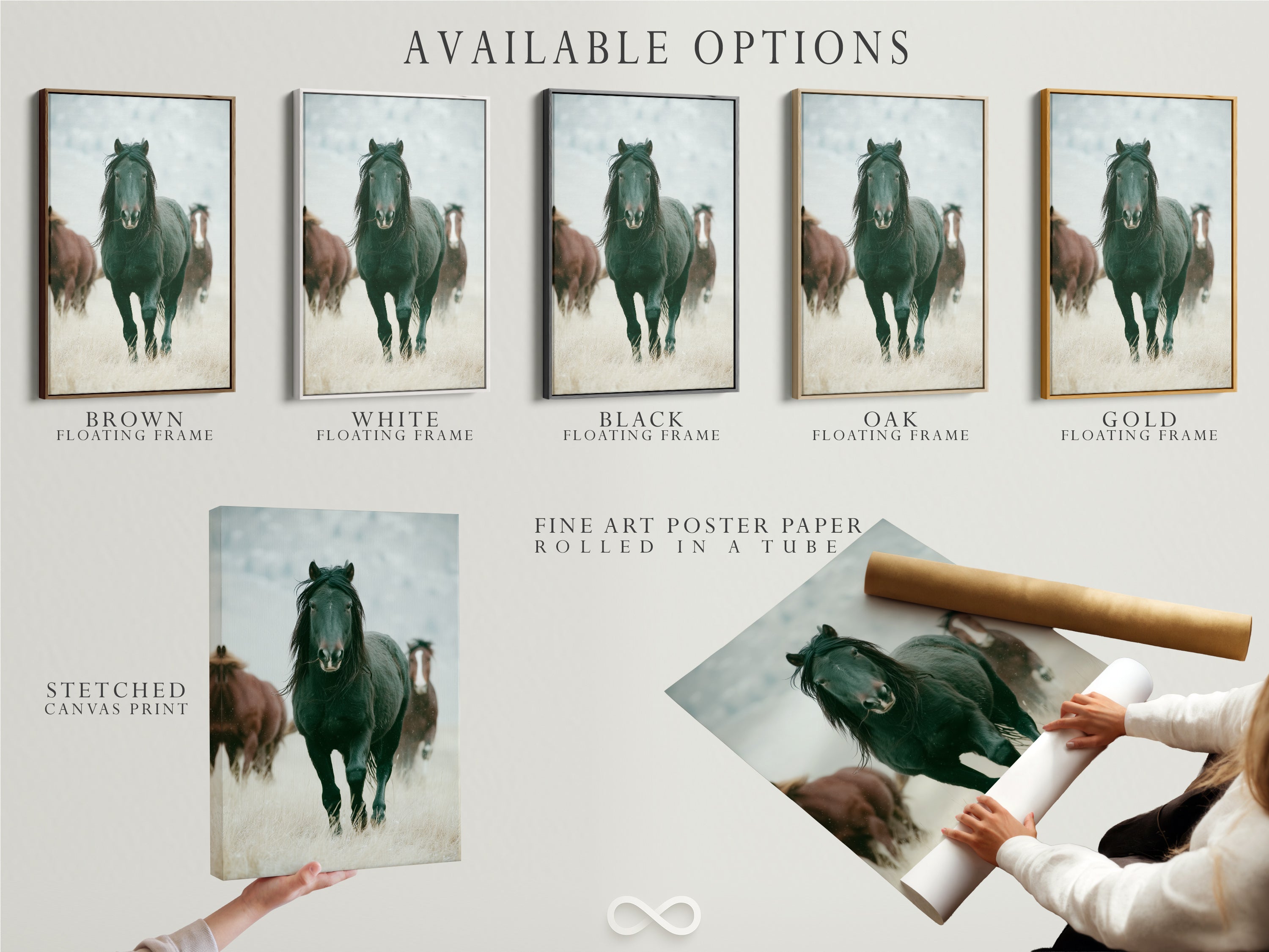 Available options for wild horse artwork include a stretched canvas print fine art poster paper and floating frame. Choose the perfect style for your Western animal wall decor. Perfect for living rooms bedrooms or offices seeking a country or farmhouse style. This artwork is great for ranchers or anyone that appreciates wildlife art. Customize your artwork to fit your space.