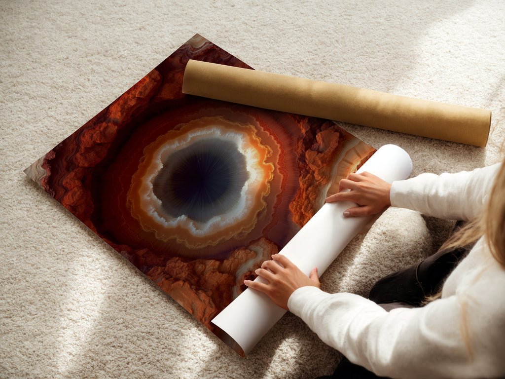 A woman rolls a fine art poster paper. The paper showcases a geode art print. It features rust orange agate wall art. Perfect for adding a modern crystal canvas print to your office decor. This abstract mineral artwork enhances any space.
