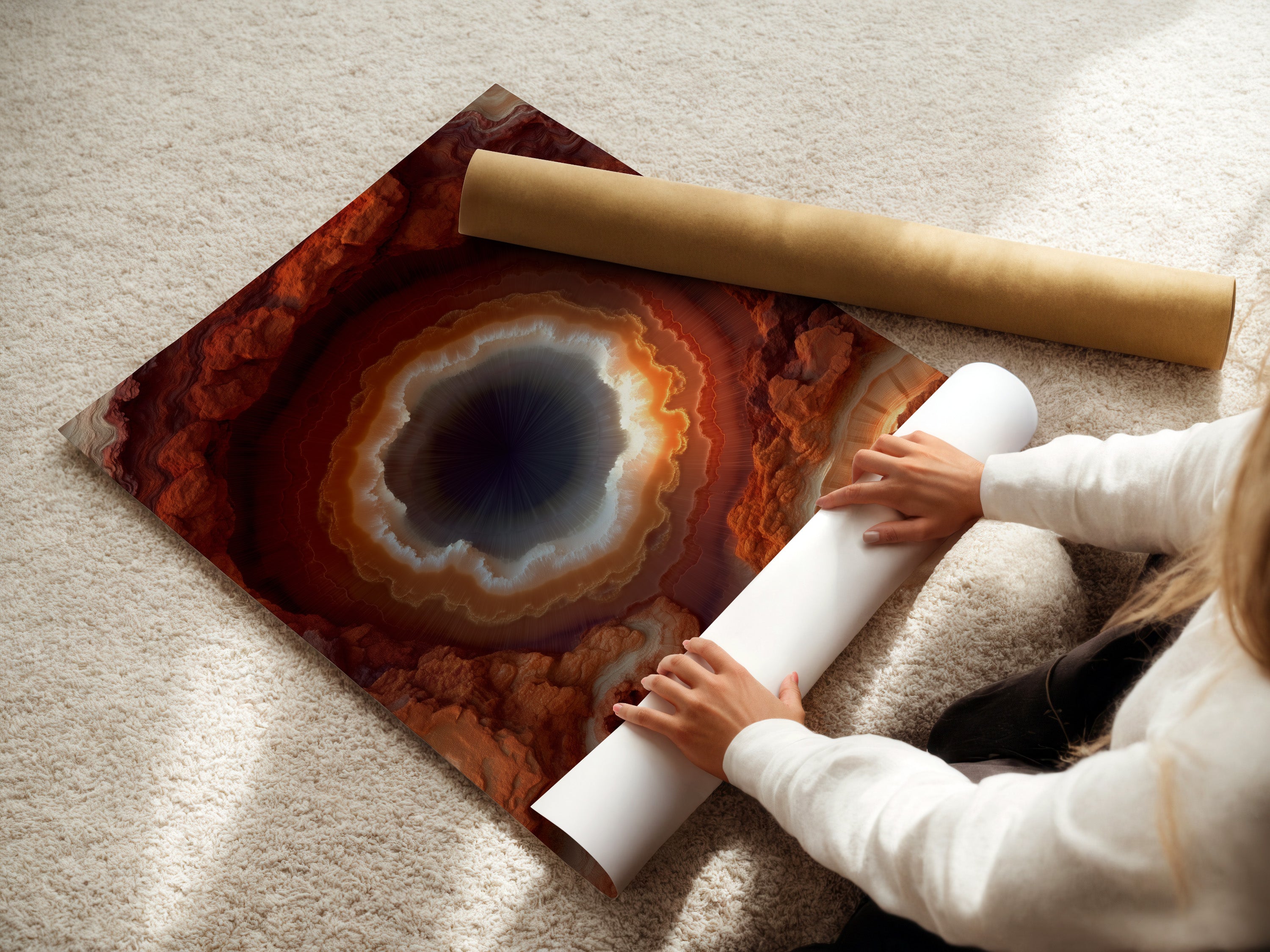 A woman rolls a fine art poster paper. The paper showcases a geode art print. It features rust orange agate wall art. Perfect for adding a modern crystal canvas print to your office decor. This abstract mineral artwork enhances any space.