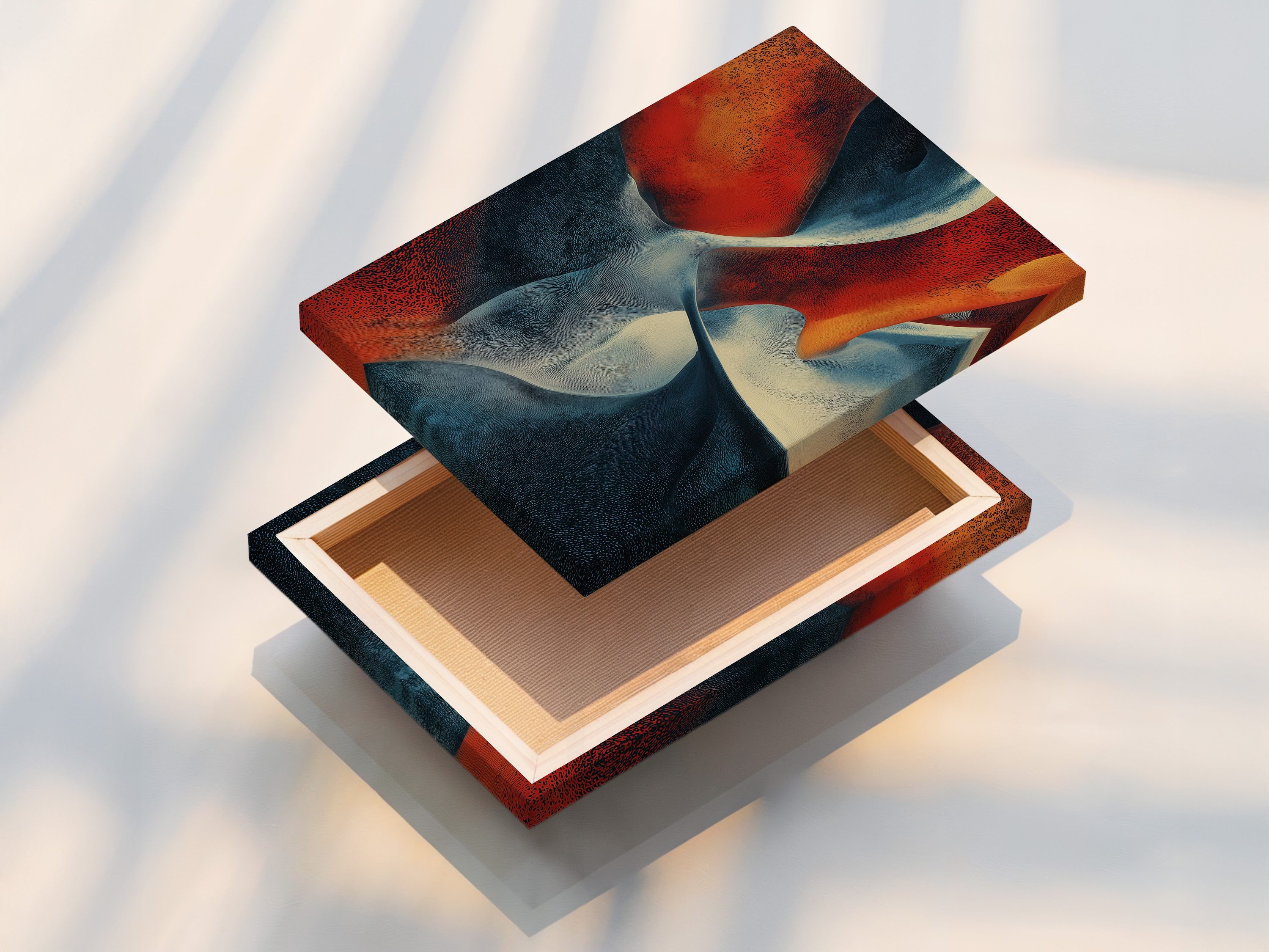 A stretched canvas print is displayed. The artwork has abstract shapes in red white and blue. The stretched canvas is ready to hang. No framing is required. This canvas print offers a gallery-worthy look. Add texture and depth to your walls. Shop now for stretched canvas prints.